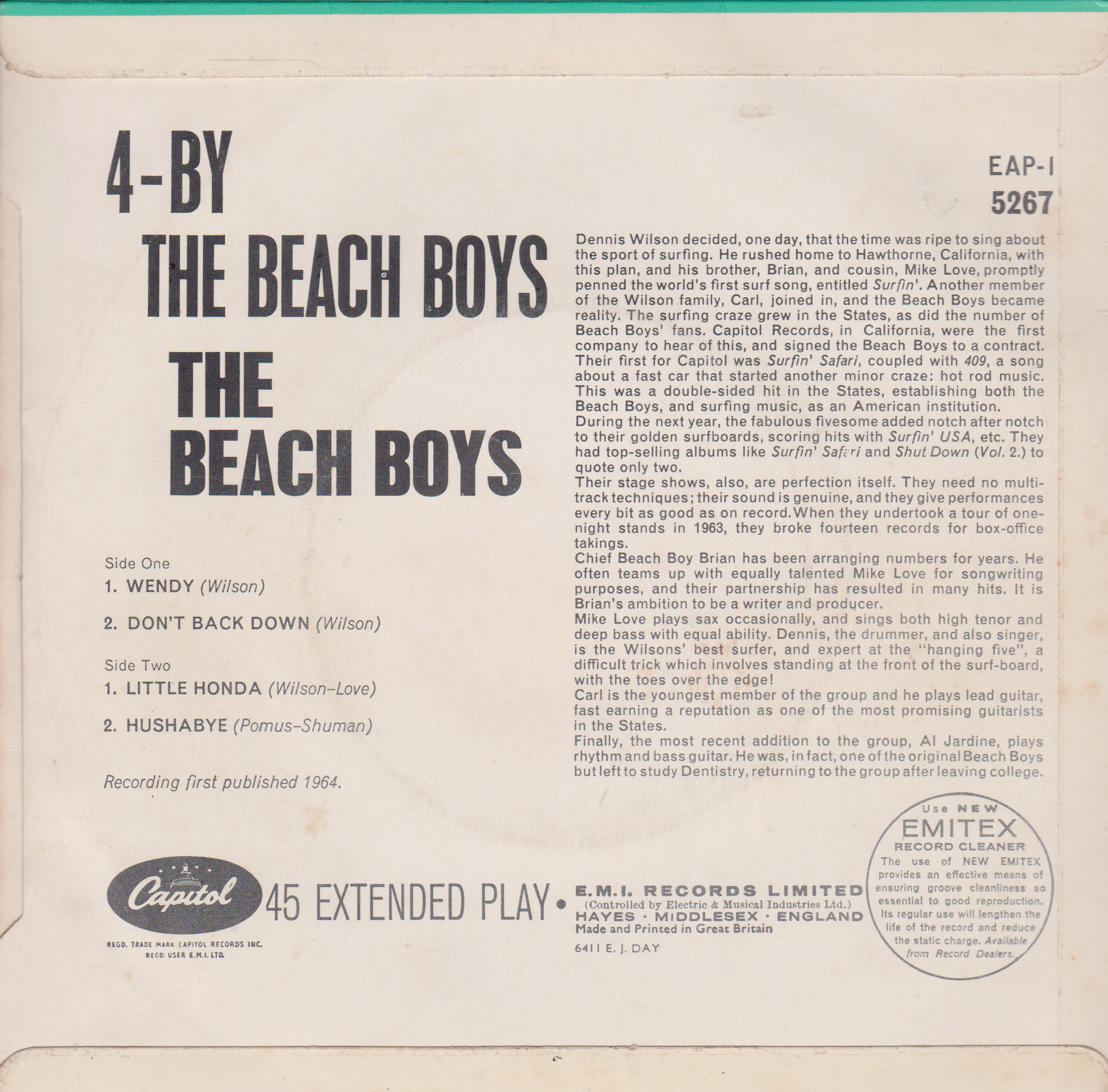 Back cover of a vinyl record by The Beach Boys with text and logos.