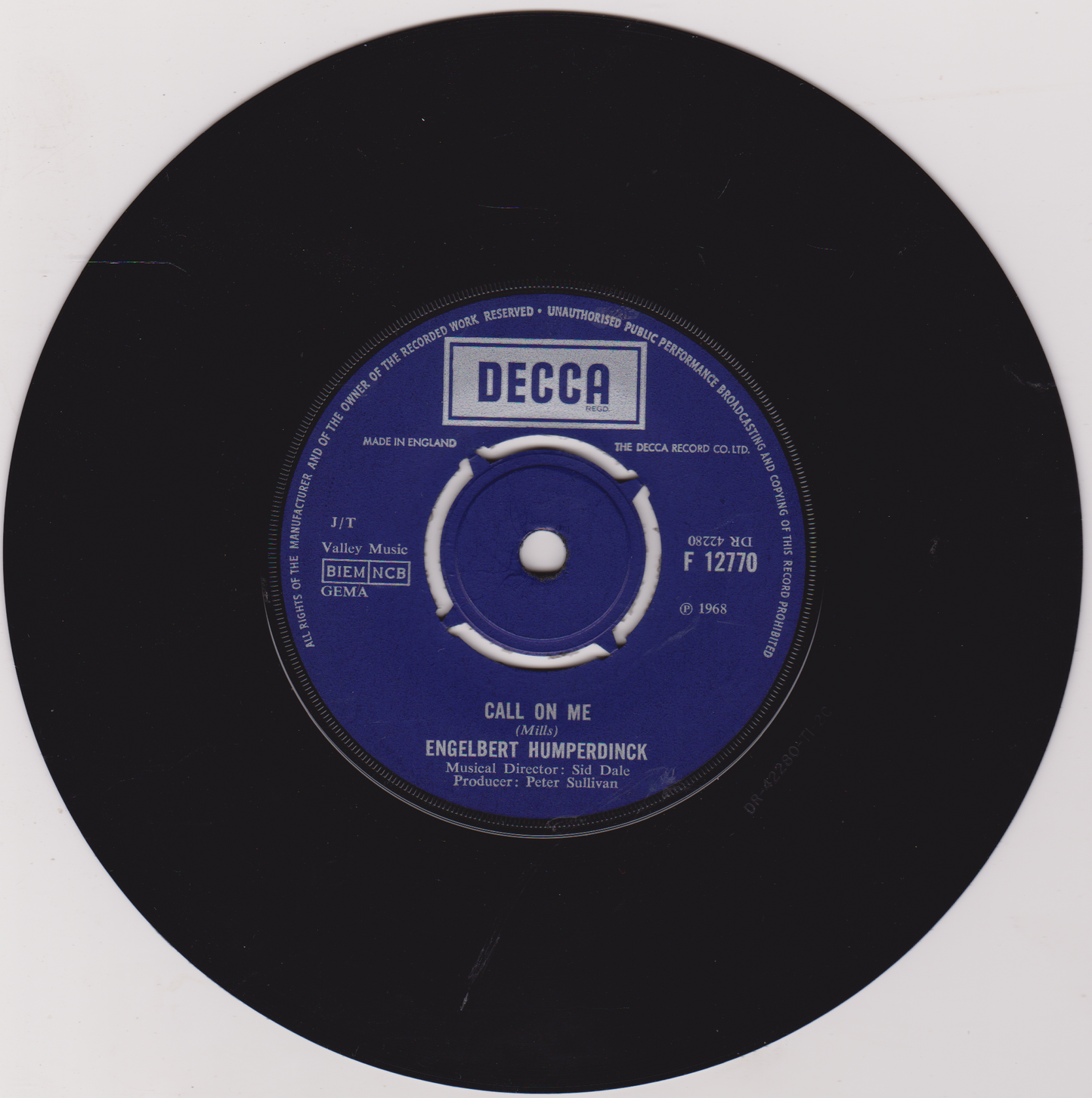 Engelbert Humperdinck – A Man Without Love (Decca, 1968) 7" vinyl single VG/-