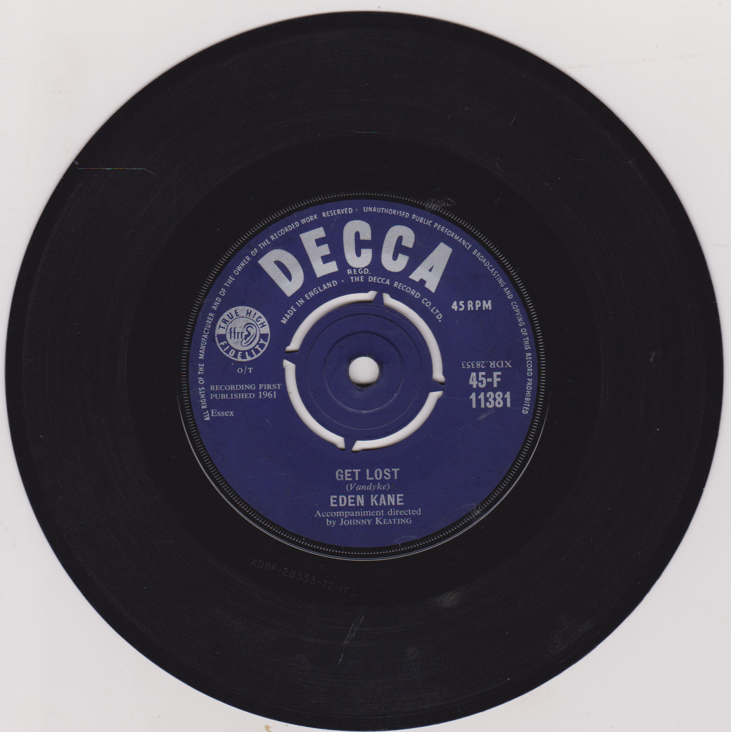 Black vinyl record with a blue label on a white background