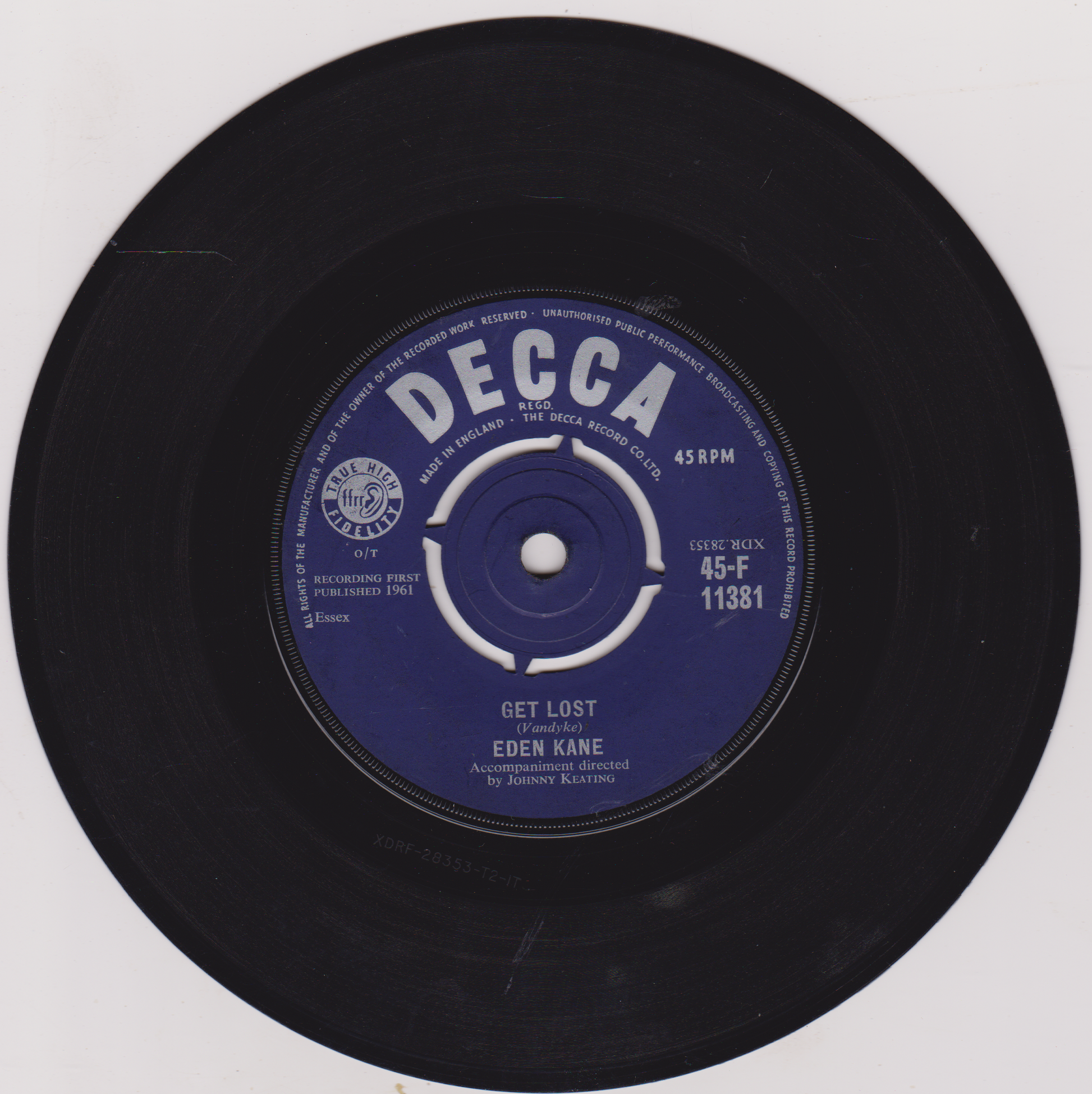 Black vinyl record with a blue label on a white background