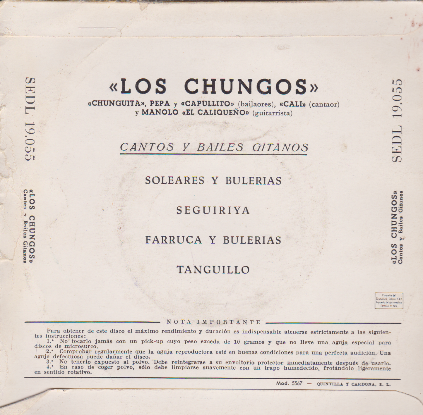 Los Chungos – Cantos Y Bailes Gitanos (Regal 1958) 7" vinyl P/S EP VG/G+ Spain jukebox