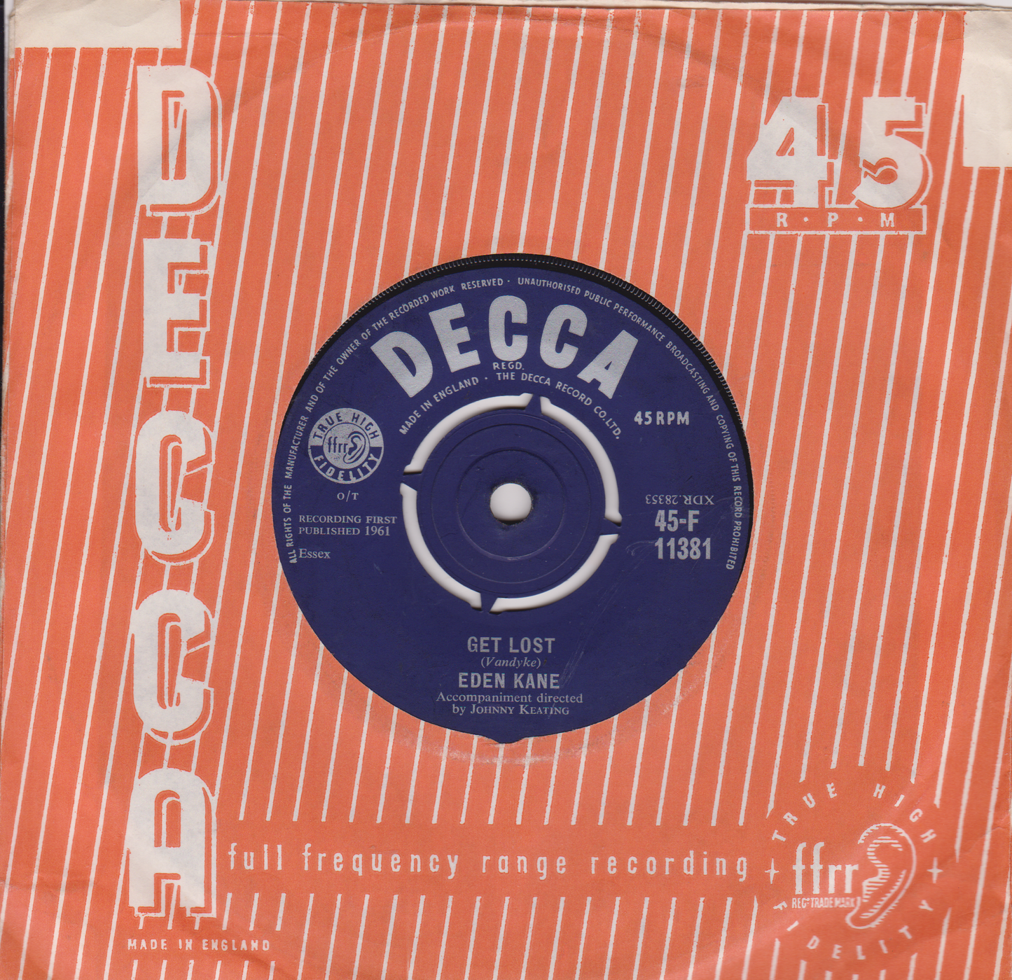Decca record sleeve with a blue label on an orange background