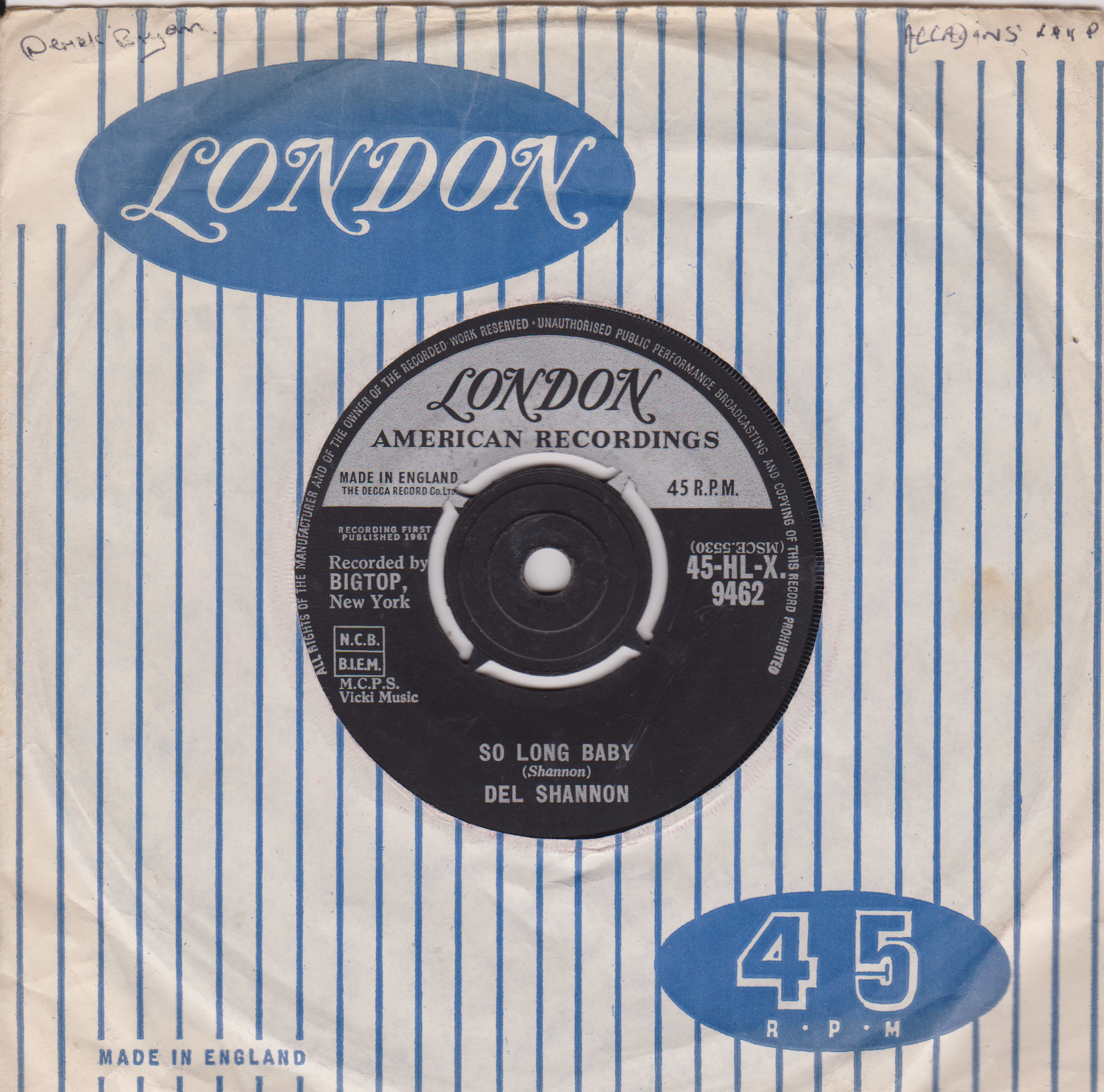 Vintage London American Recordings record cover with blue and white striped design