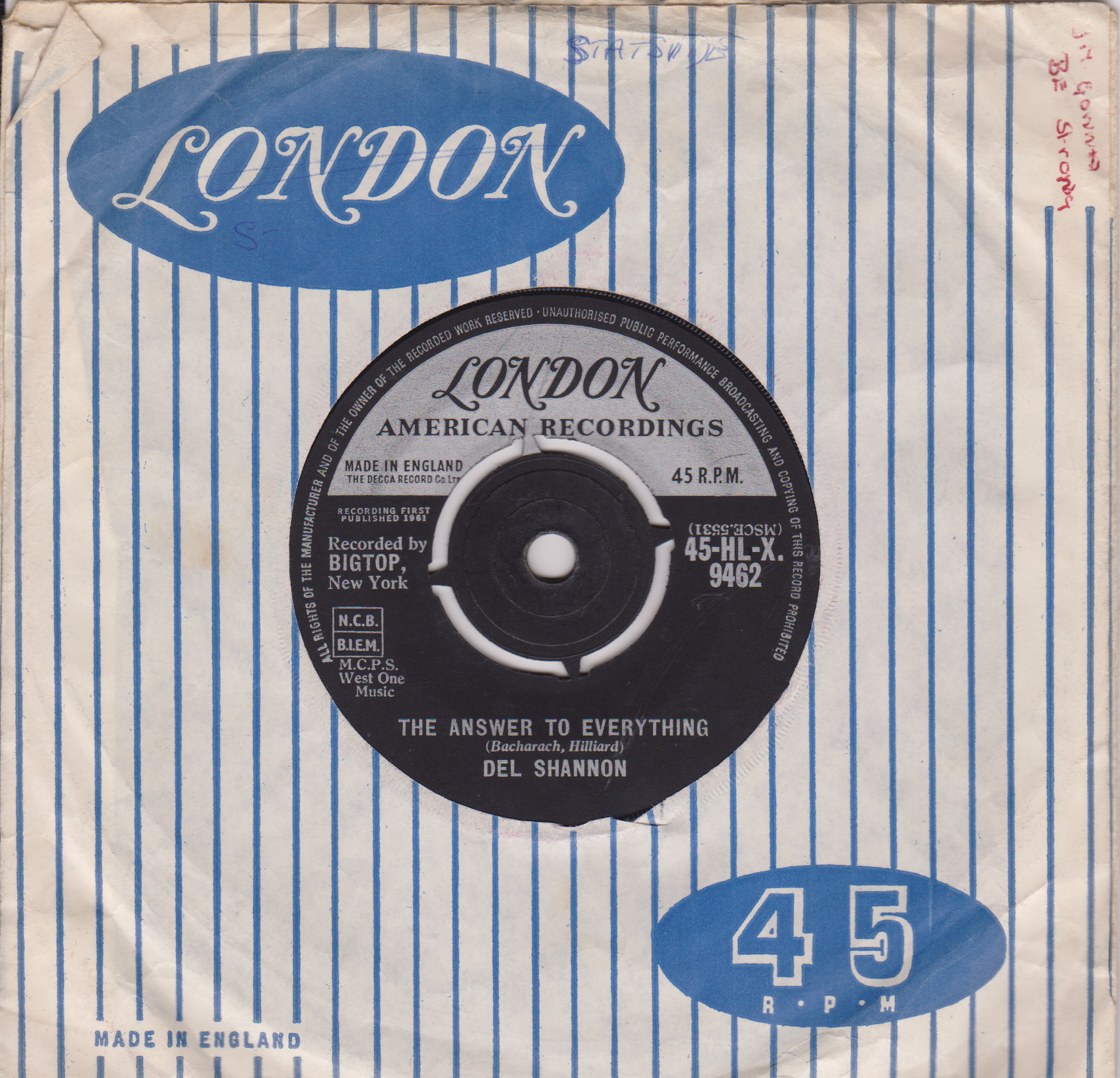 Vintage London record sleeve with blue and white striped background