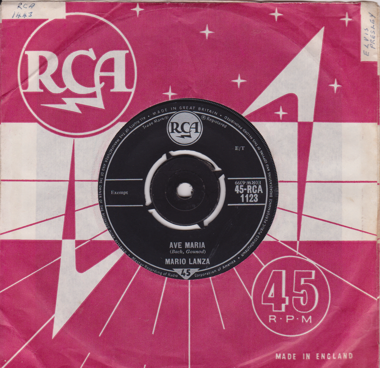 Record cover with RCA logo and vinyl record on a pink and white geometric background