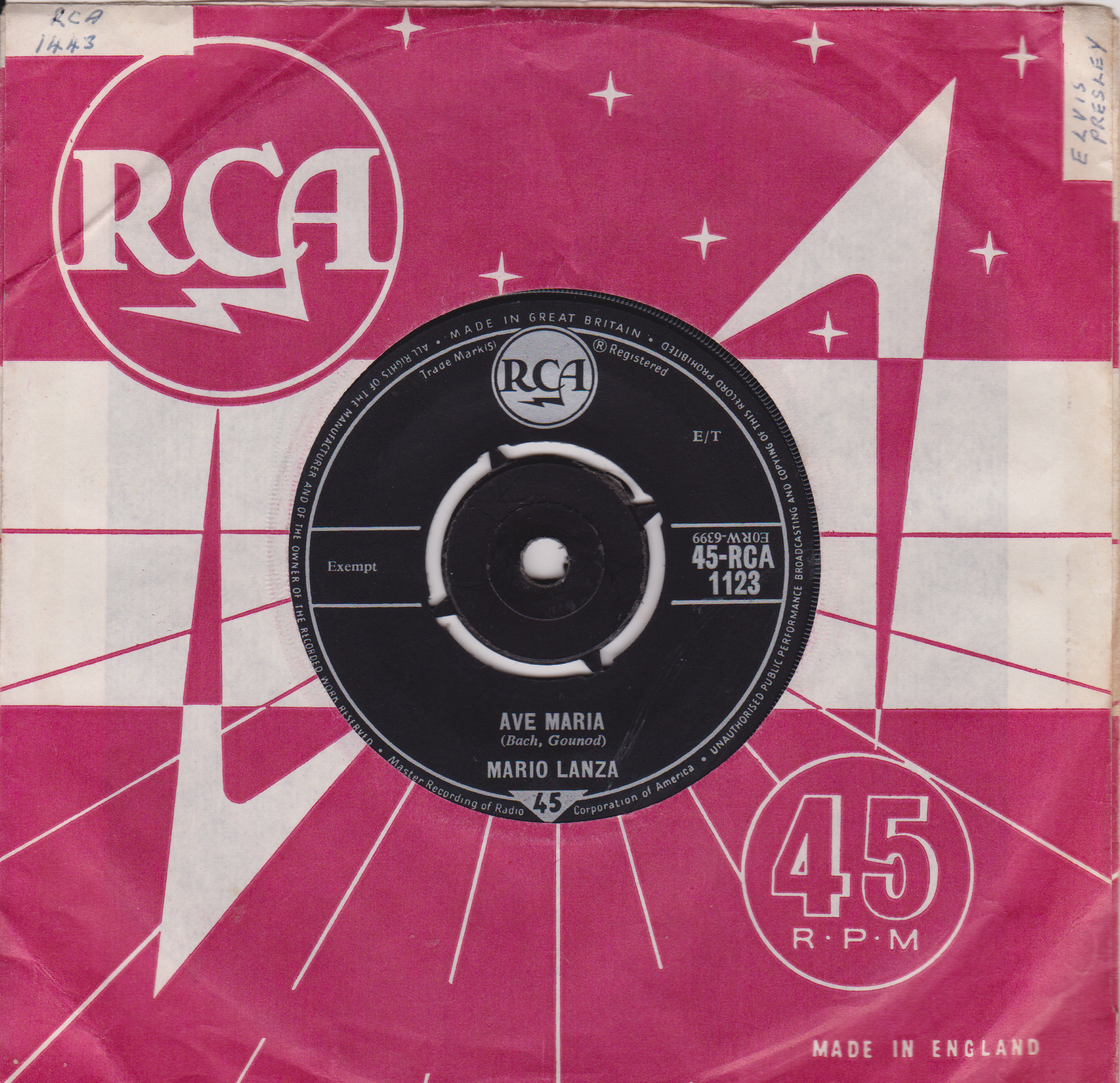 Record cover with RCA logo and vinyl record on a pink and white geometric background