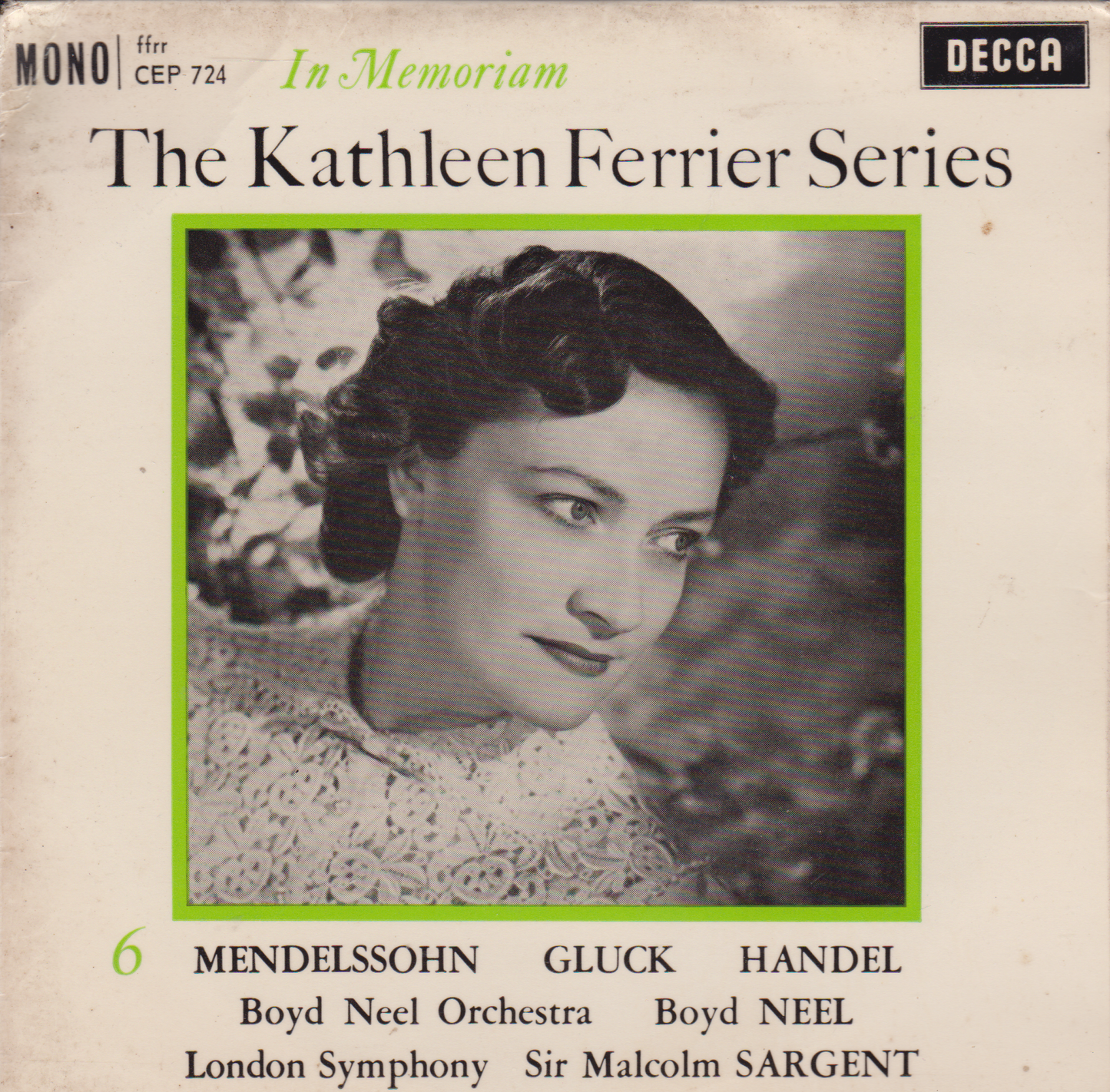 Album cover of 'The Kathleen Ferrier Series' featuring a portrait of Kathleen Ferrier with text about music compositions and orchestras.