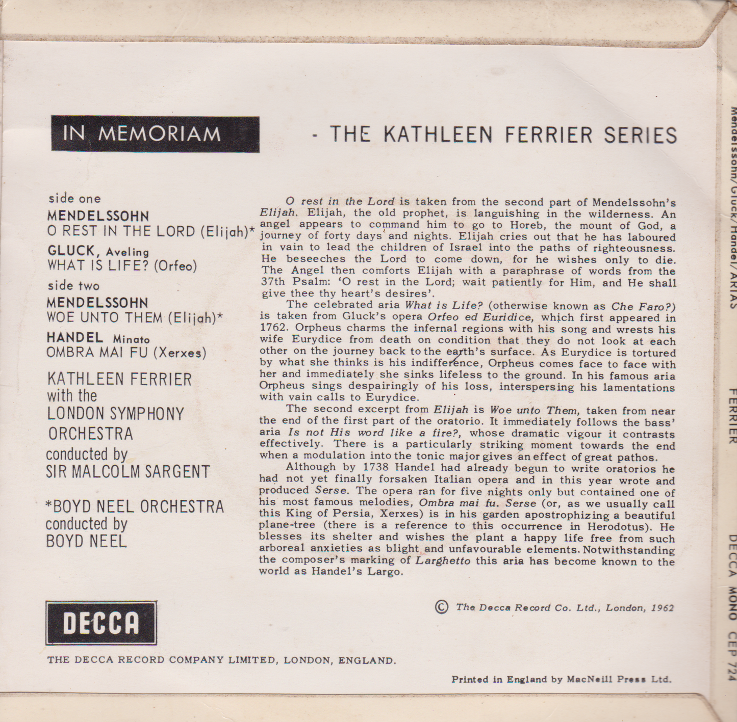 Back cover of a vinyl record with text about 'The Kathleen Ferrier Series' and music by Mendelssohn, Gluck, and Handel.