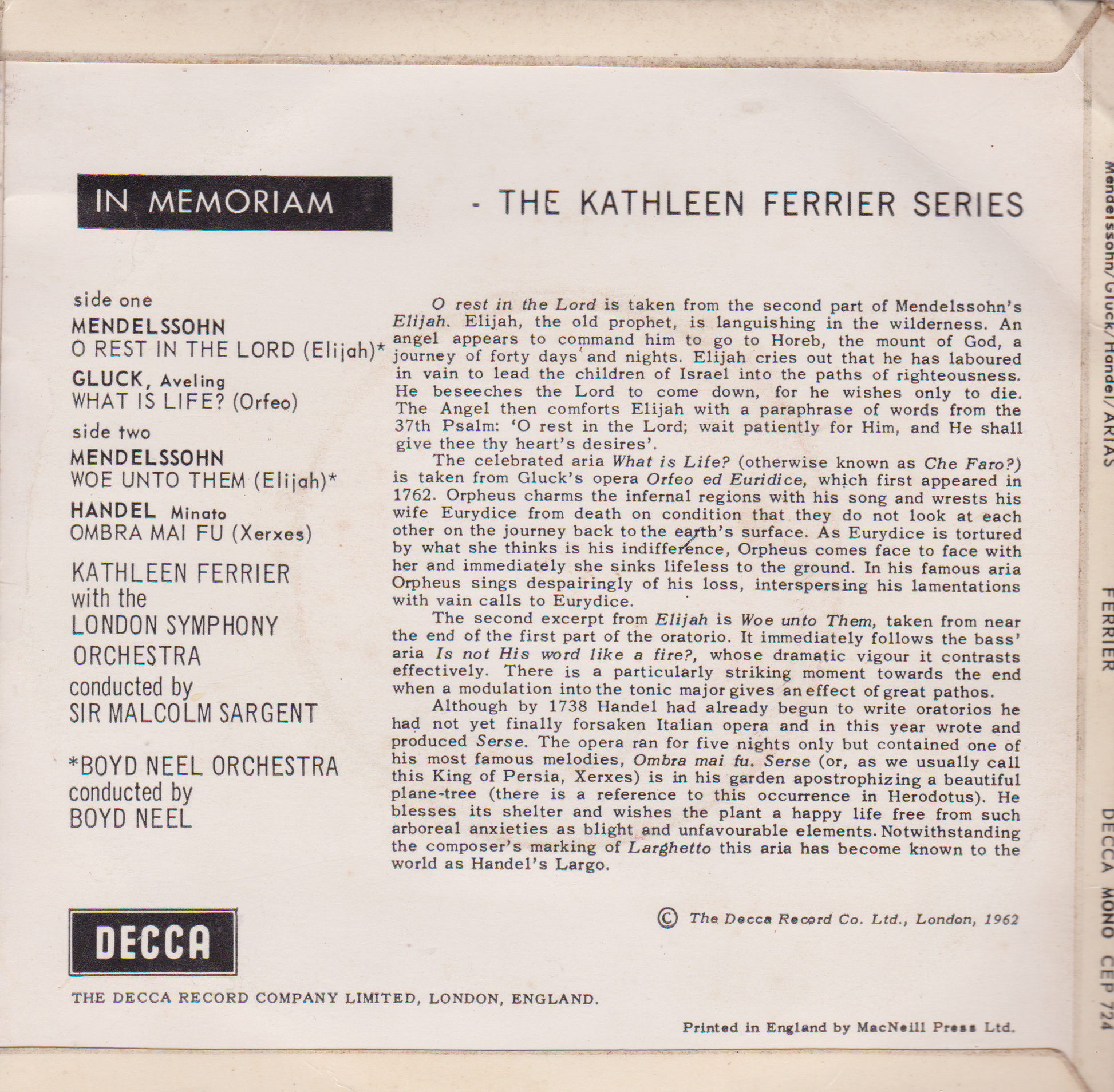 Back cover of a vinyl record with text about 'The Kathleen Ferrier Series' and music by Mendelssohn, Gluck, and Handel.