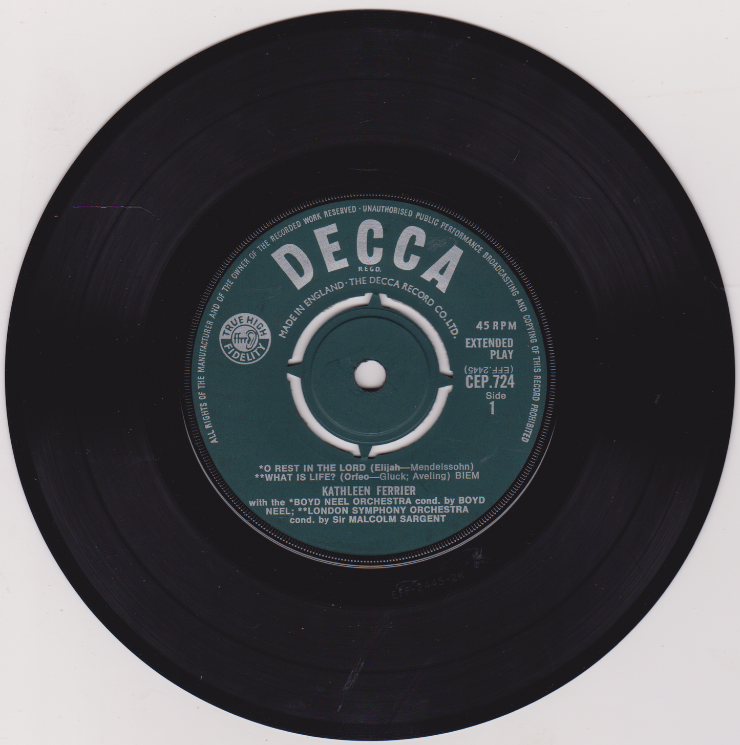 Black vinyl record with a Decca label on a white background