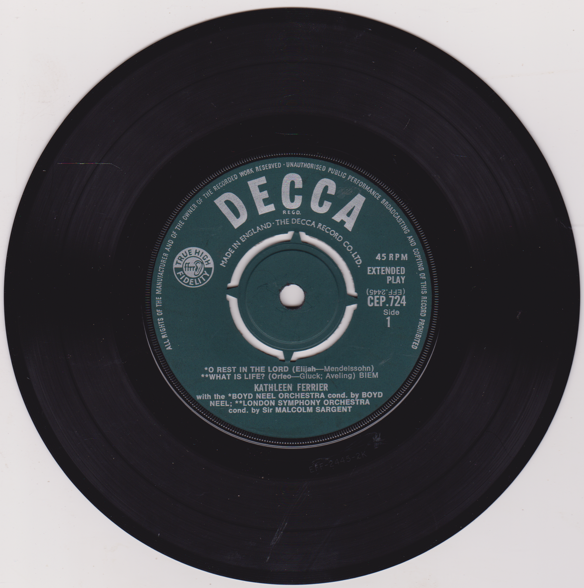 Black vinyl record with a Decca label on a white background