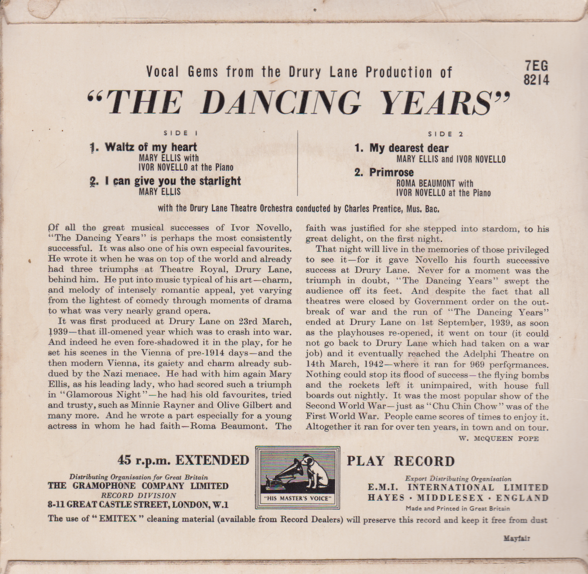 Record label for 'The Dancing Years' with text and music notes.
