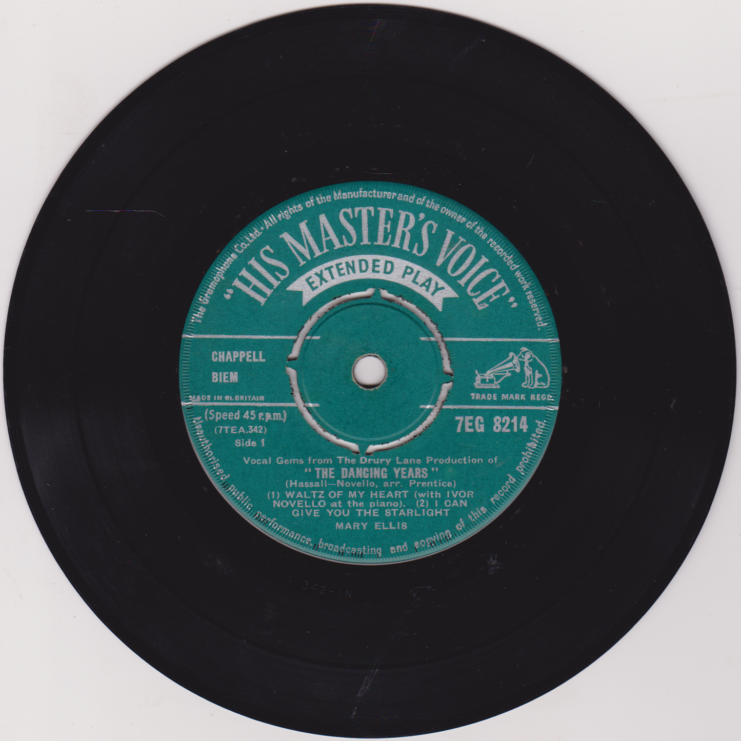 Record label with 'His Master's Voice' branding on a black vinyl record