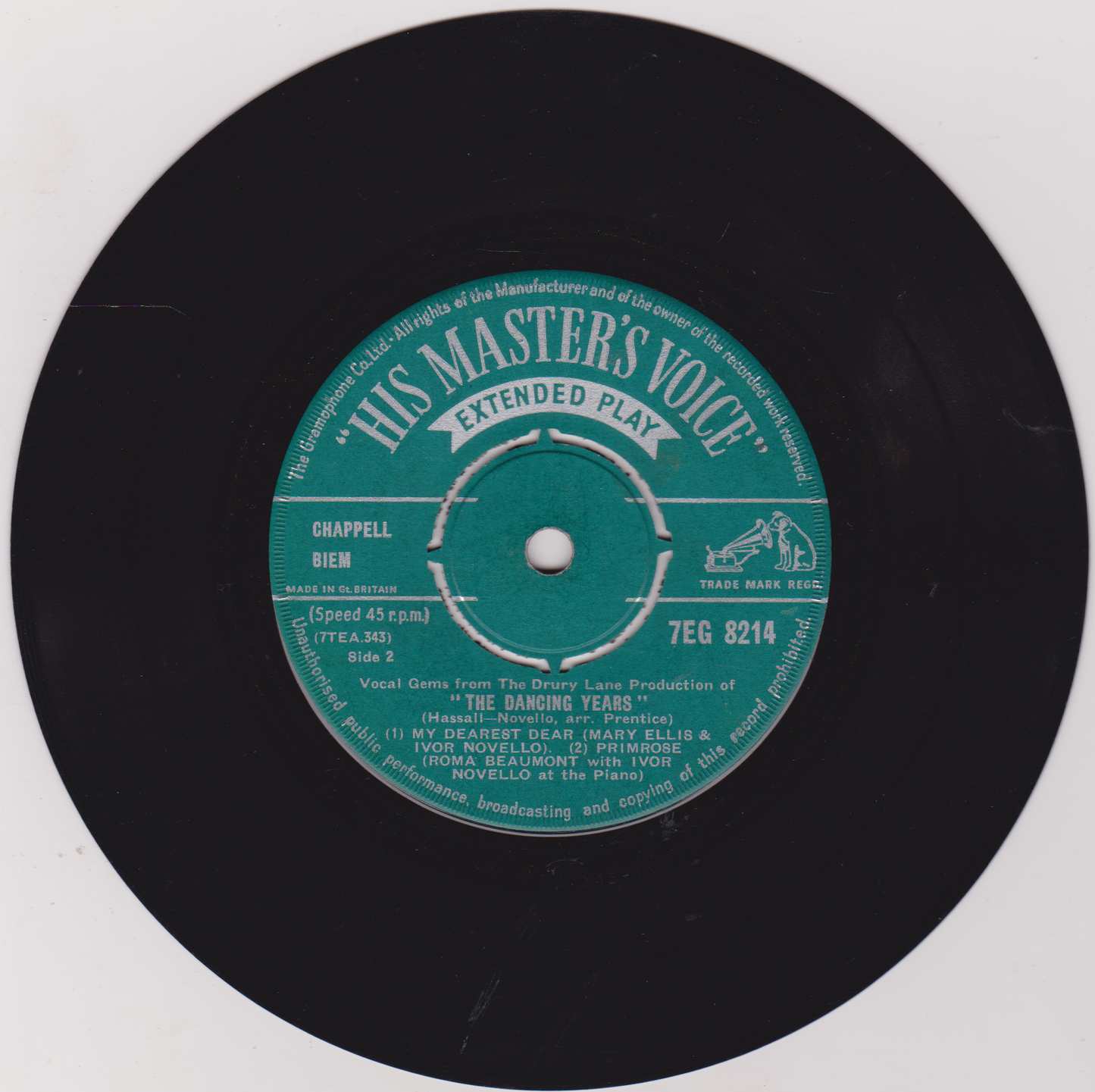 Vinyl record label with 'His Master's Voice' branding on a white background