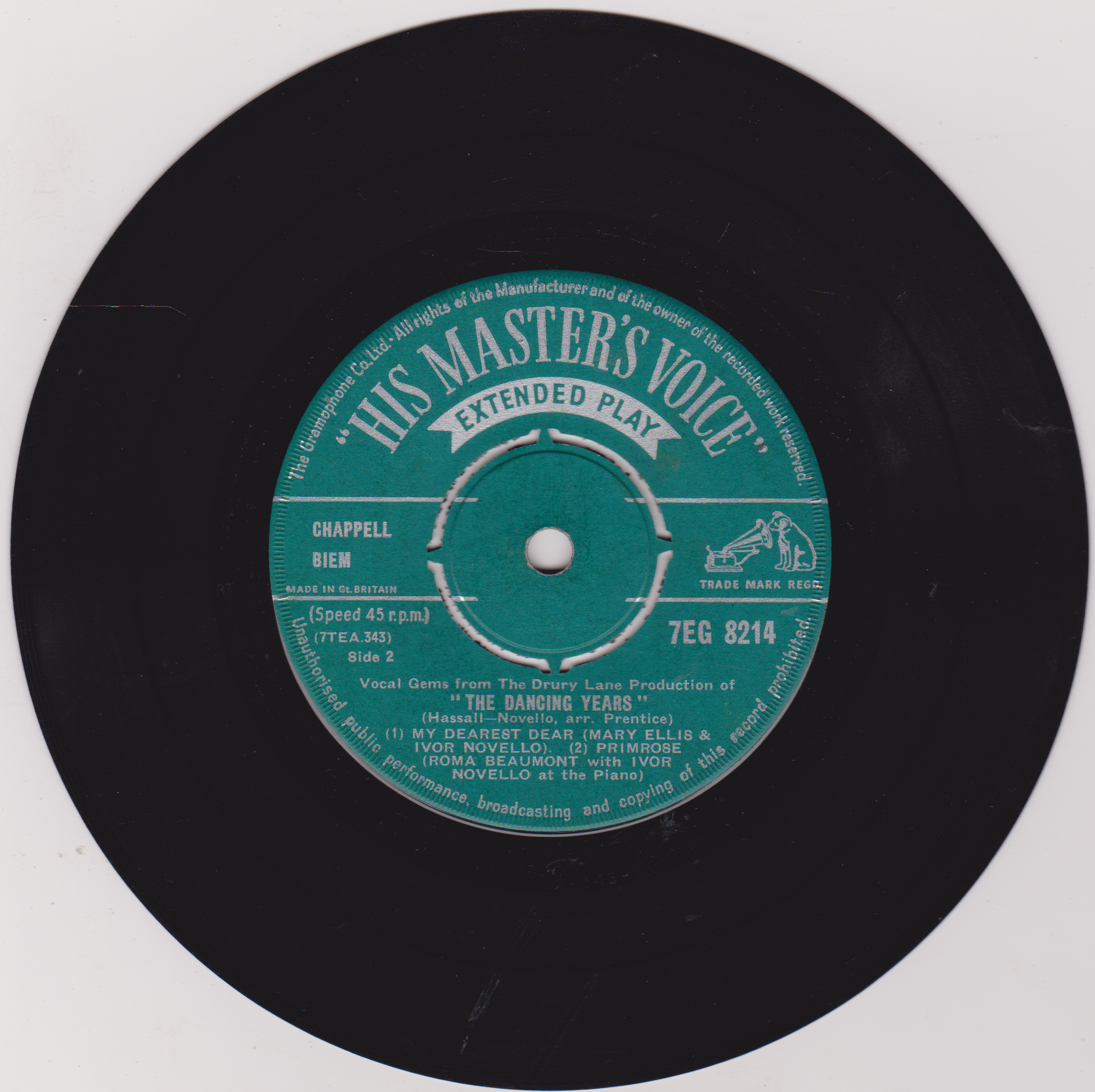 Vinyl record label with 'His Master's Voice' branding on a white background