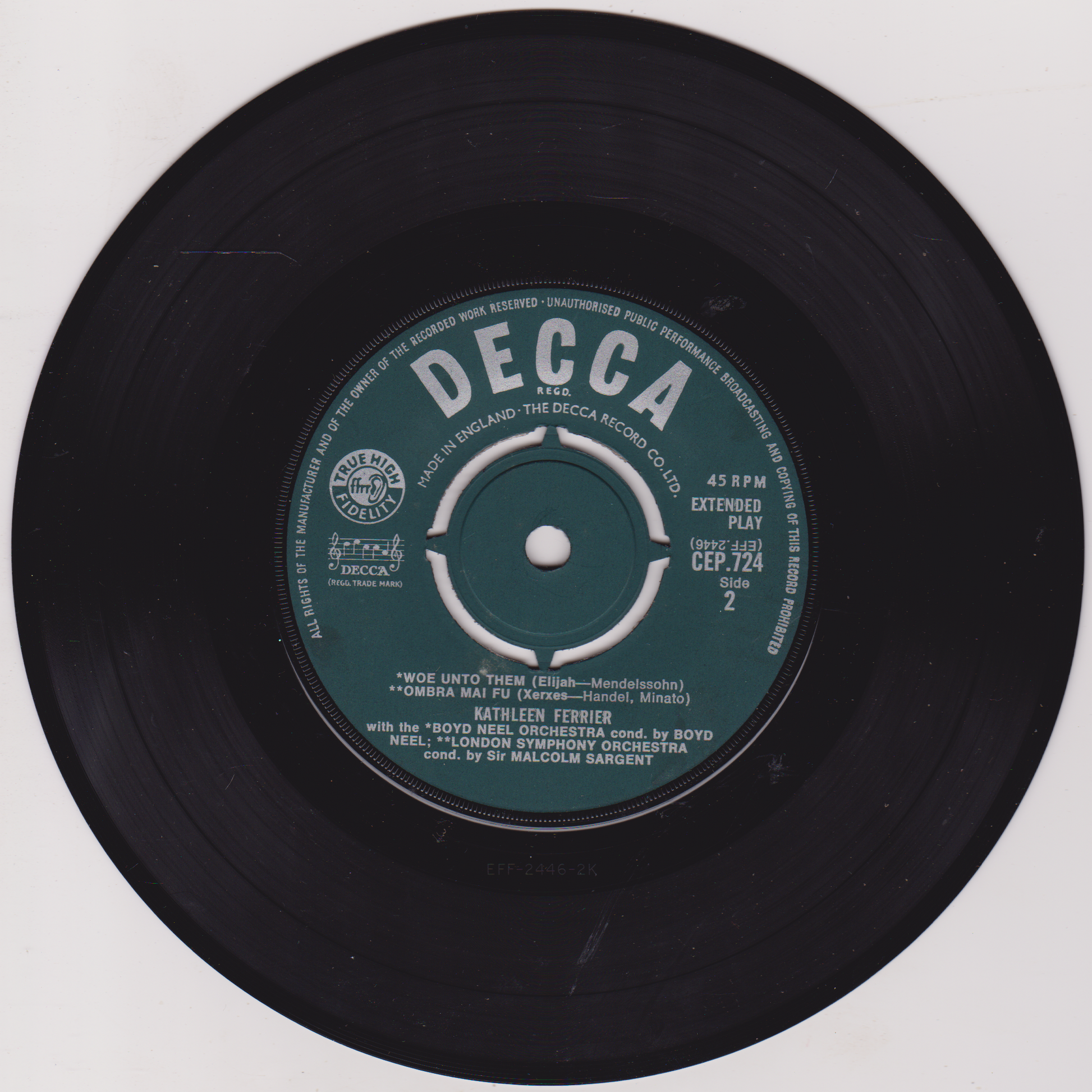 Decca record label on a black vinyl record with a white background