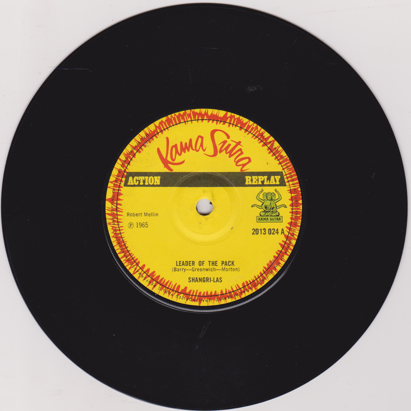 Vinyl record with a yellow label featuring 'Kama Sutra' and 'Action Replay' text on a white background.