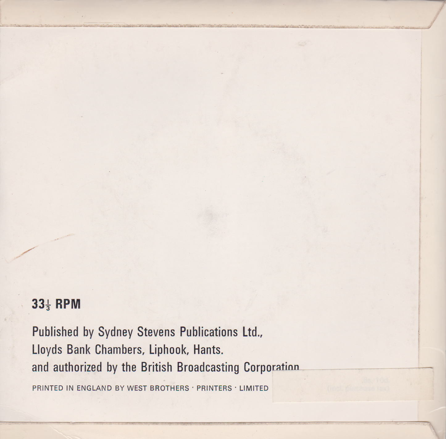 Back cover of a vinyl record with text about publication details.