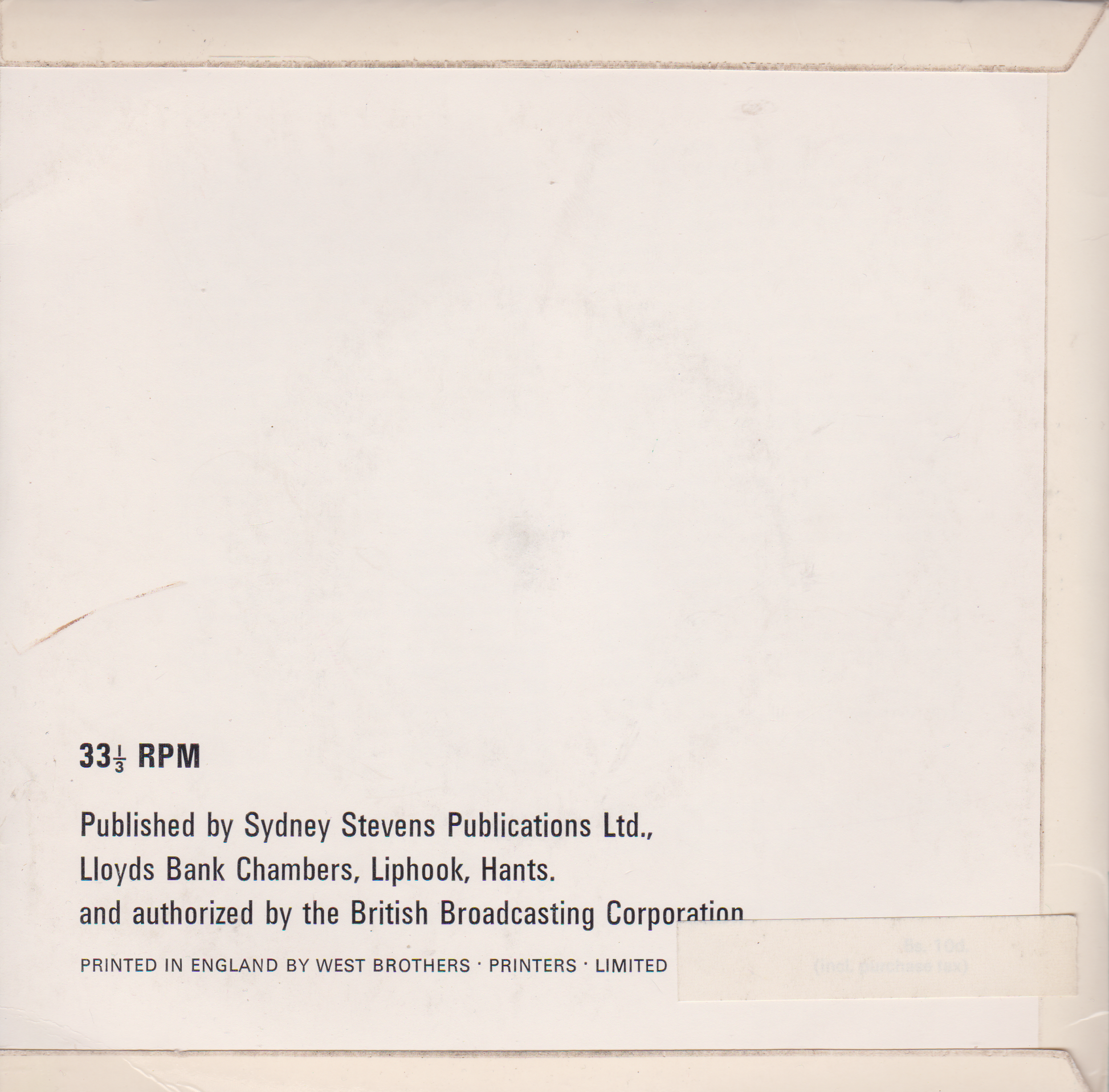 Back cover of a vinyl record with text about publication details.