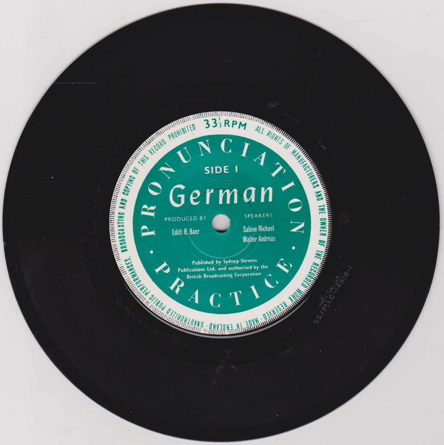 Vinyl record with a green label titled 'Pronunciation Practice German' on a white background