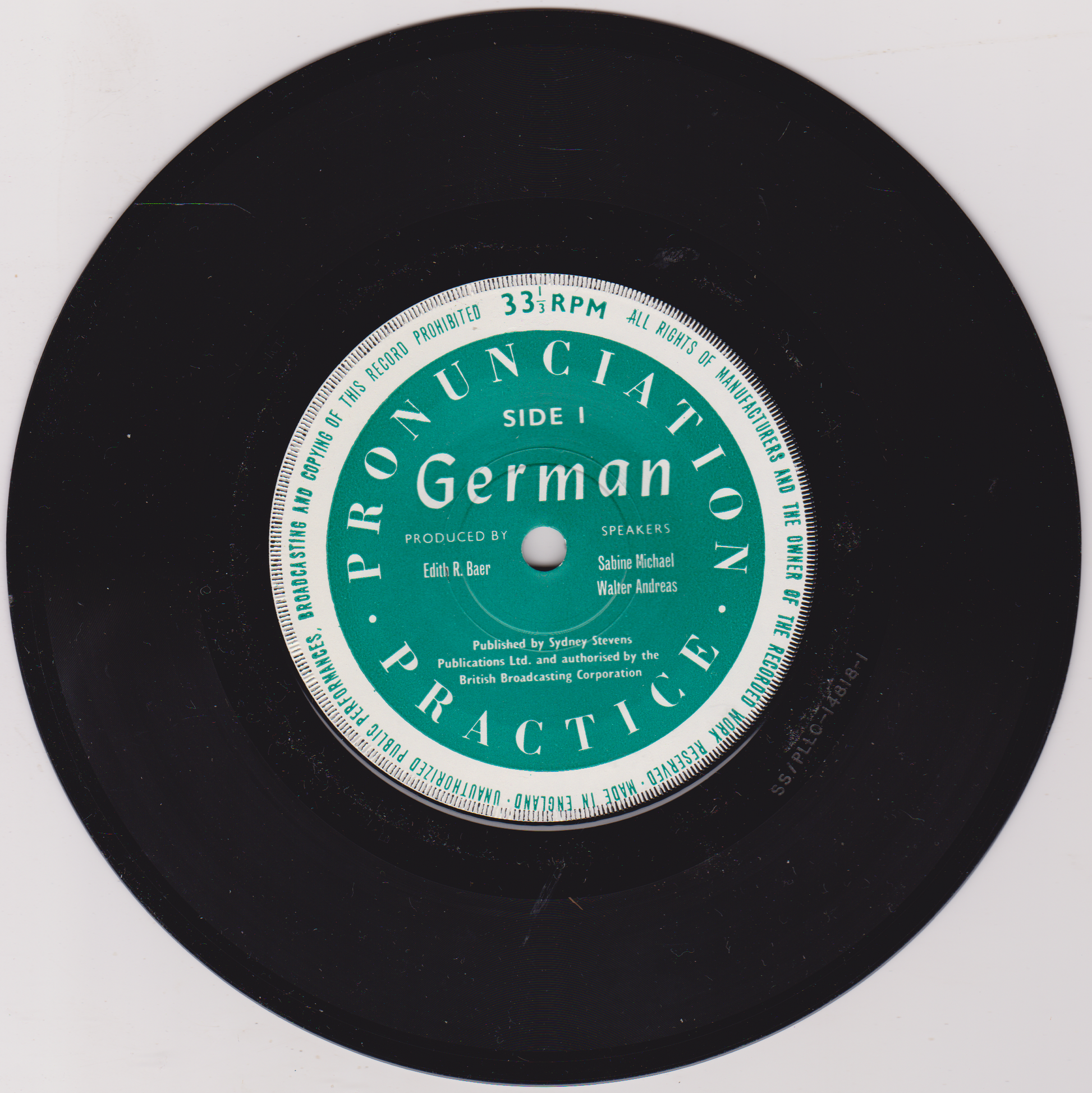 Vinyl record with a green label titled 'Pronunciation Practice German' on a white background