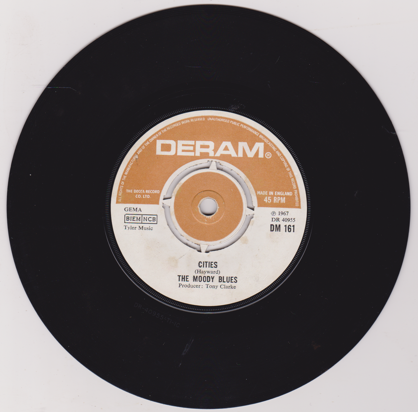 Black vinyl record with a Deram label on a white background