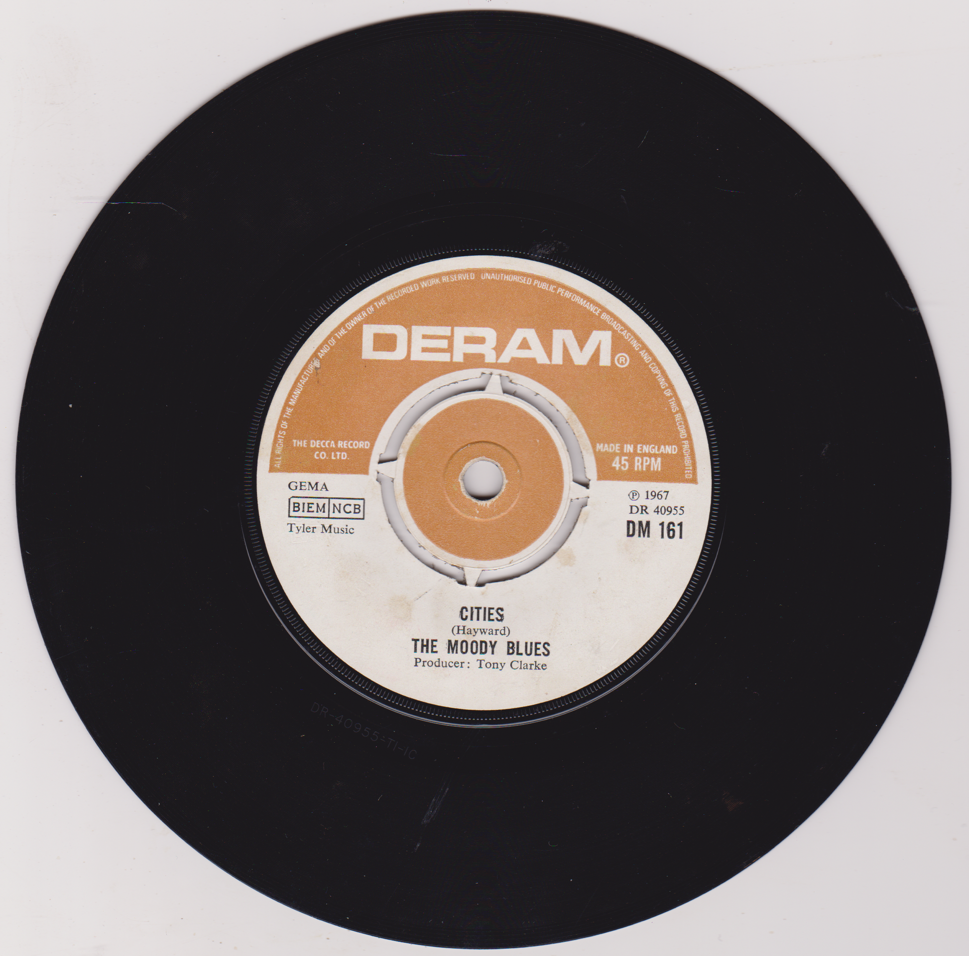 Black vinyl record with a Deram label on a white background