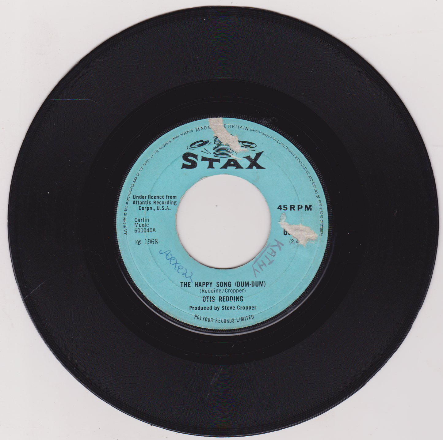 45 RPM record with a blue label on a white background