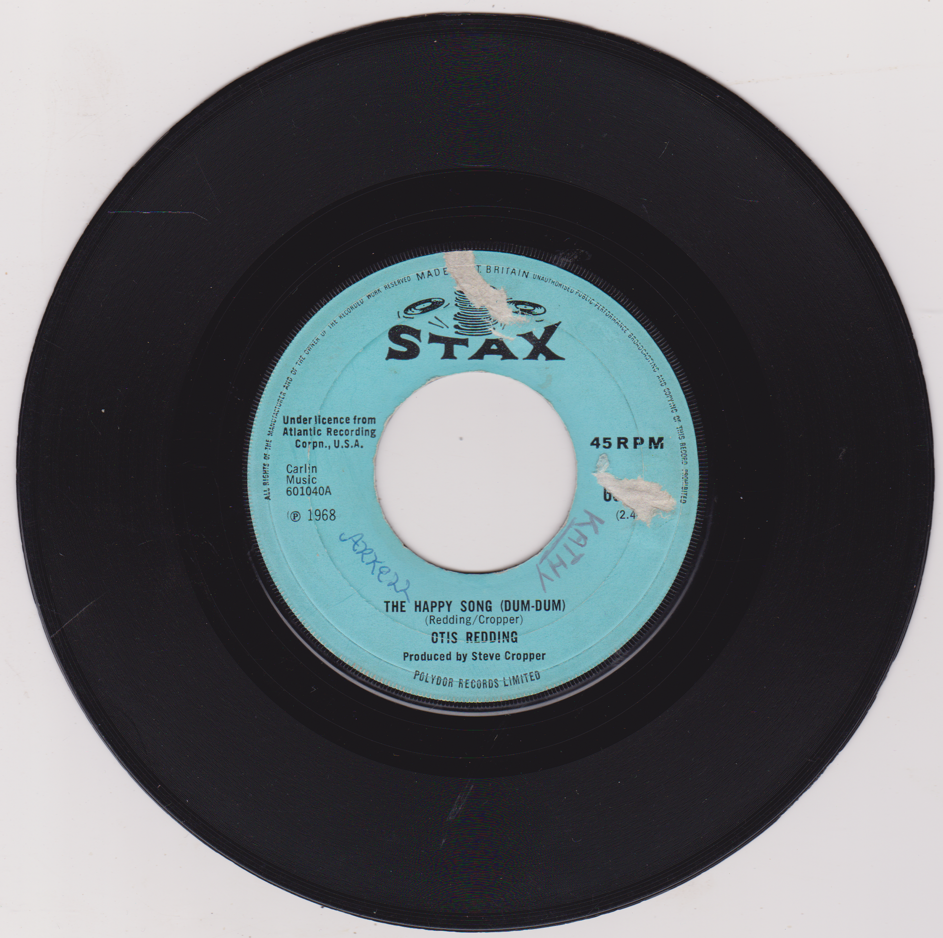 45 RPM record with a blue label on a white background