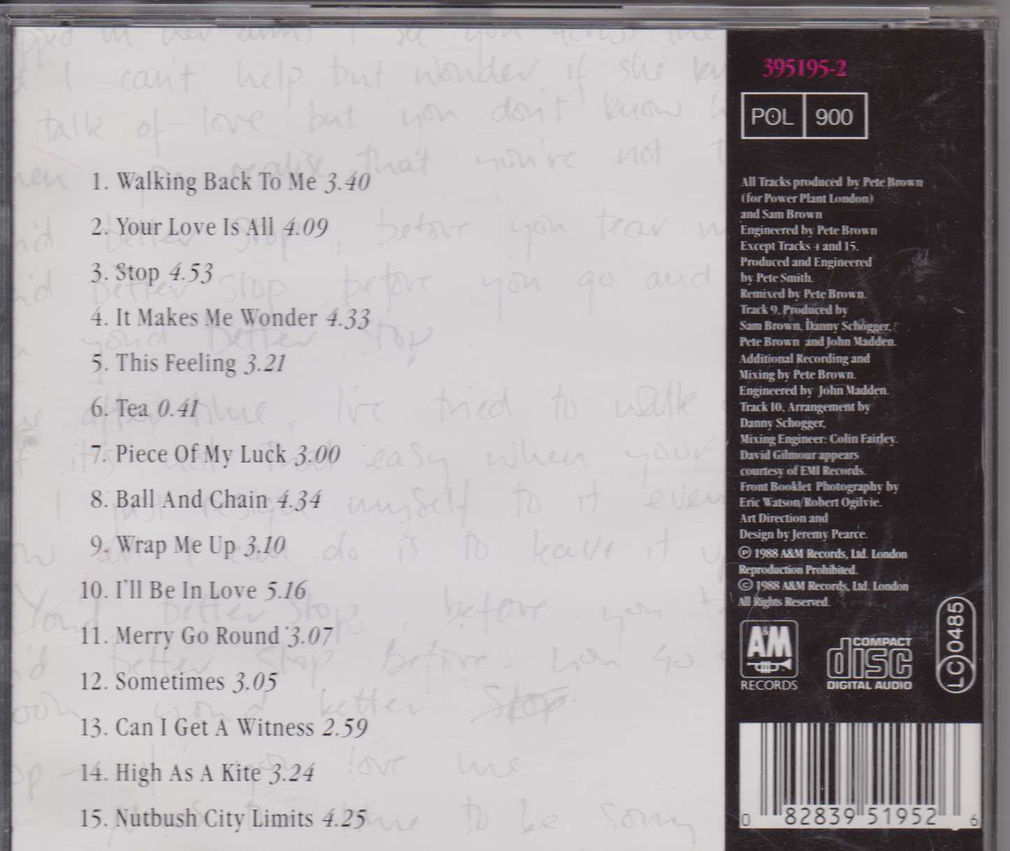 Back cover of a music CD with tracklist and AM Records branding