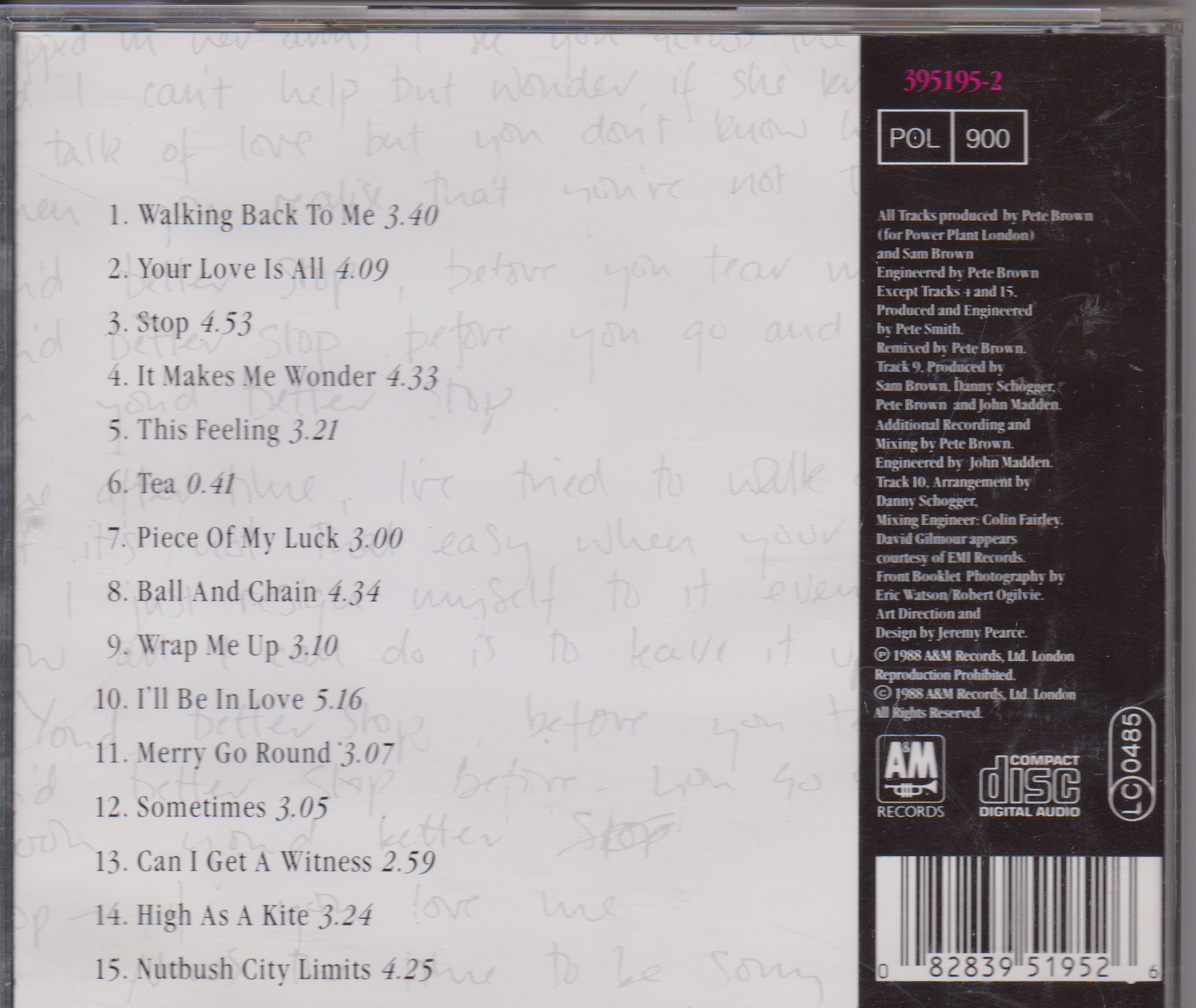 Back cover of a music CD with tracklist and AM Records branding