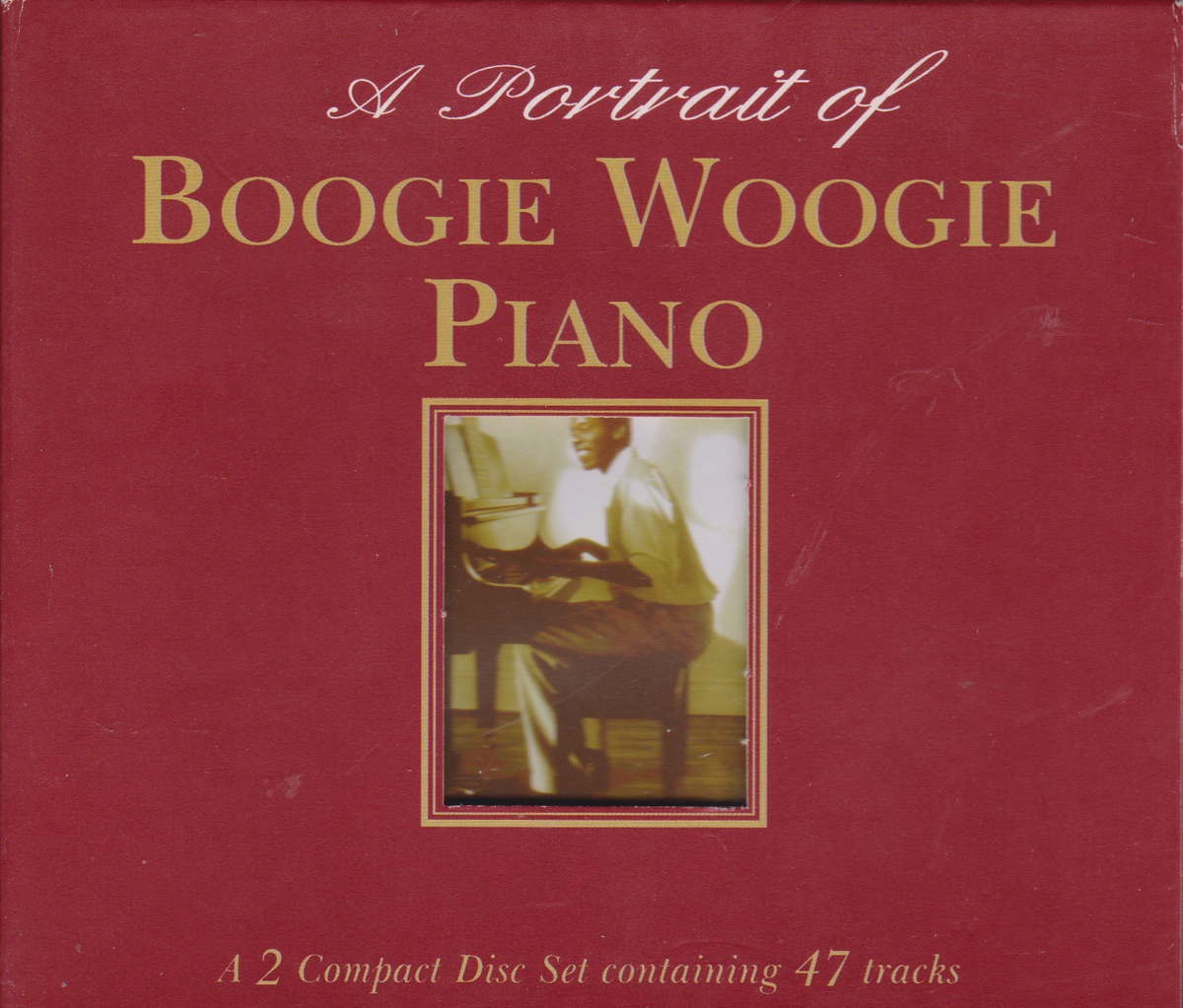 A portrait of Boogie Woogie Piano album cover, featuring a deep red background with gold lettering and a small vintage photograph of a man playing piano in the centre.