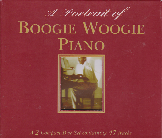 A portrait of Boogie Woogie Piano album cover, featuring a deep red background with gold lettering and a small vintage photograph of a man playing piano in the centre.