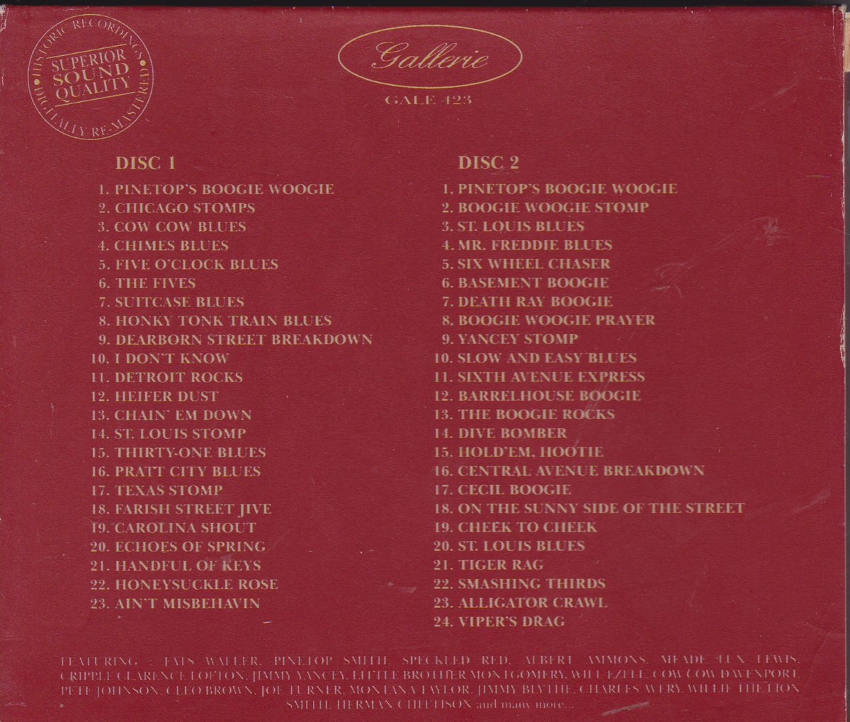 The back cover of a CD 'Boogie Woogie' album, featuring a dark red background with track listings for Disc 1 and Disc 2, and a circular 'Special Collector's Quality' seal in the top left corner.