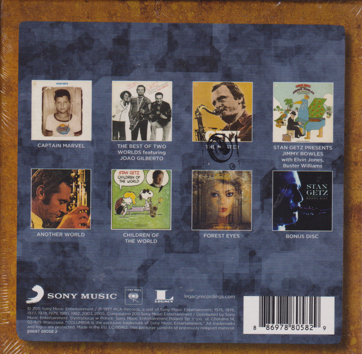 Back cover of a music album with various images and text on a blue background