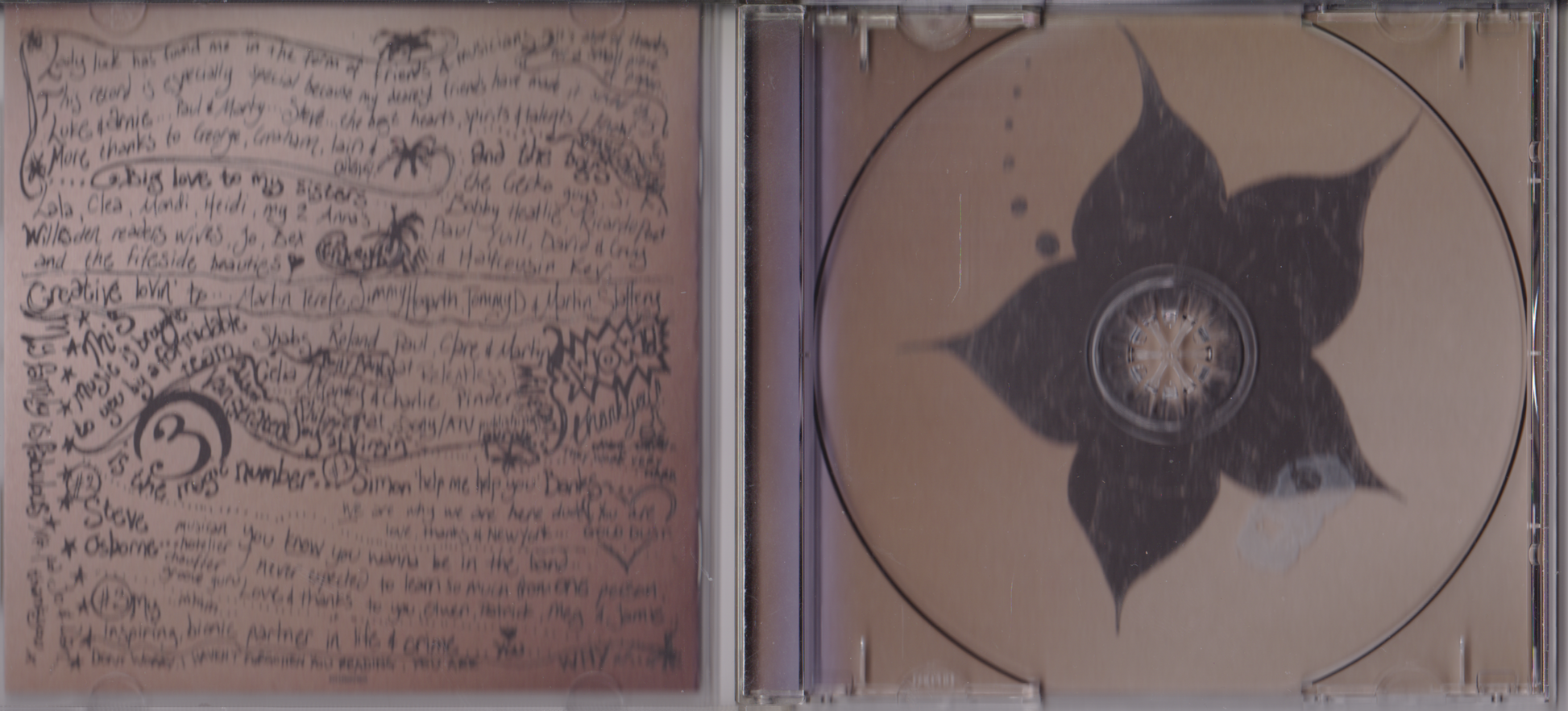 CD with a decorative cover featuring a black flower design on a beige background