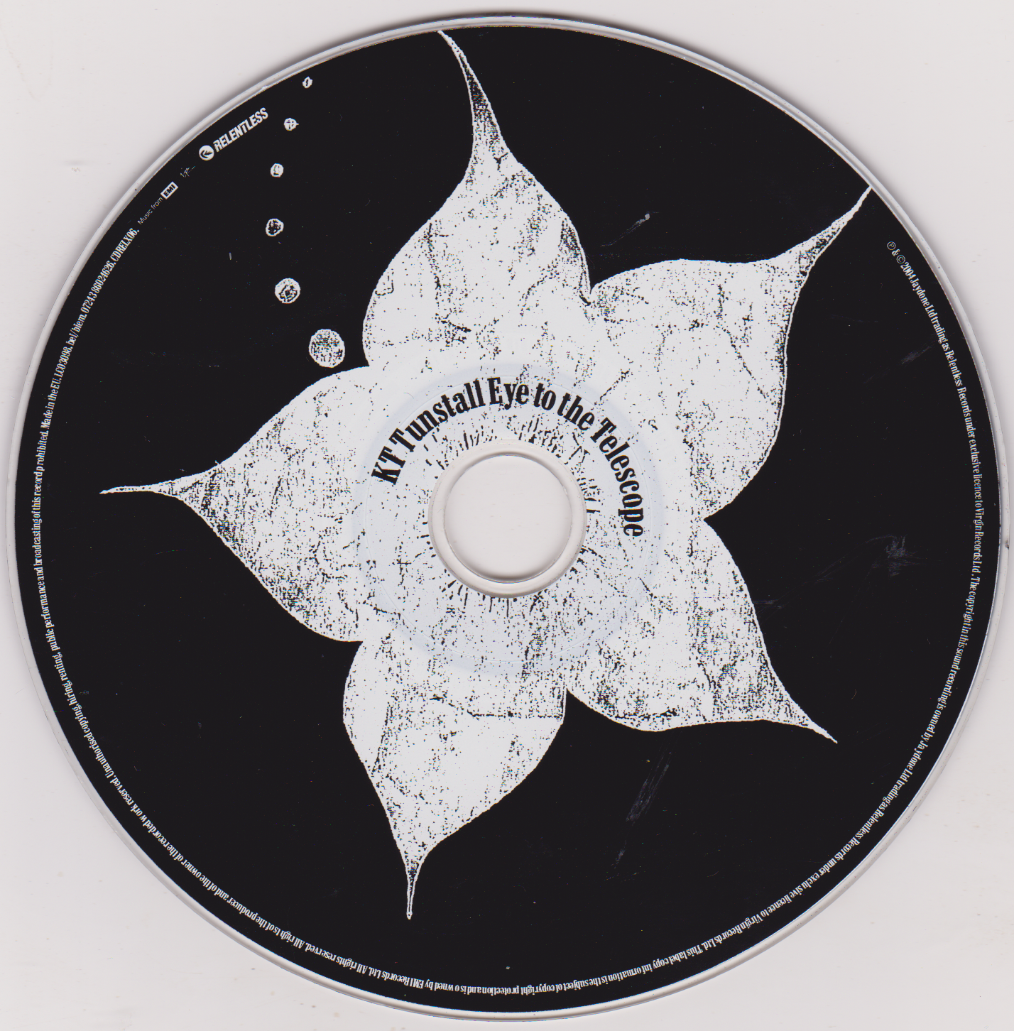 CD with a black and white design and text on a white background