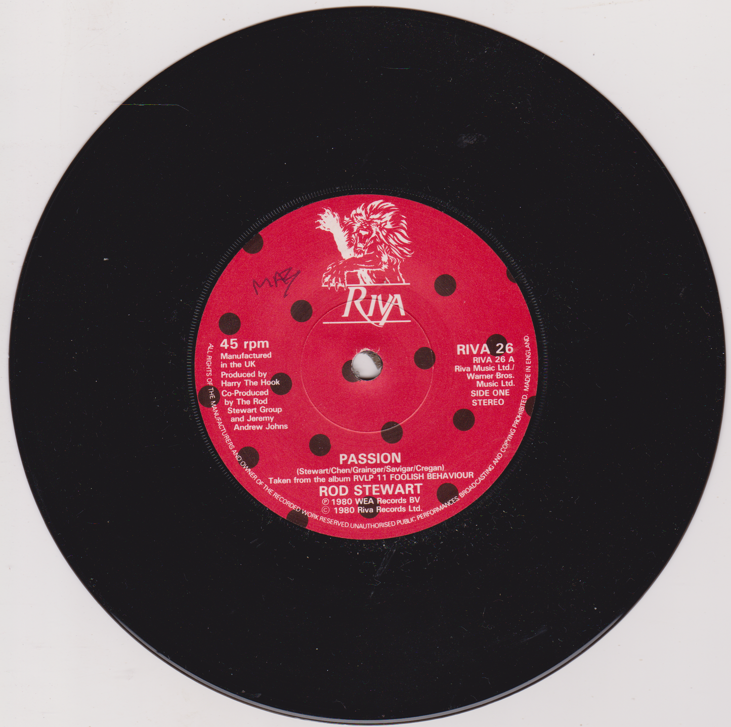 Vinyl record with red label featuring 'Riva' branding and text