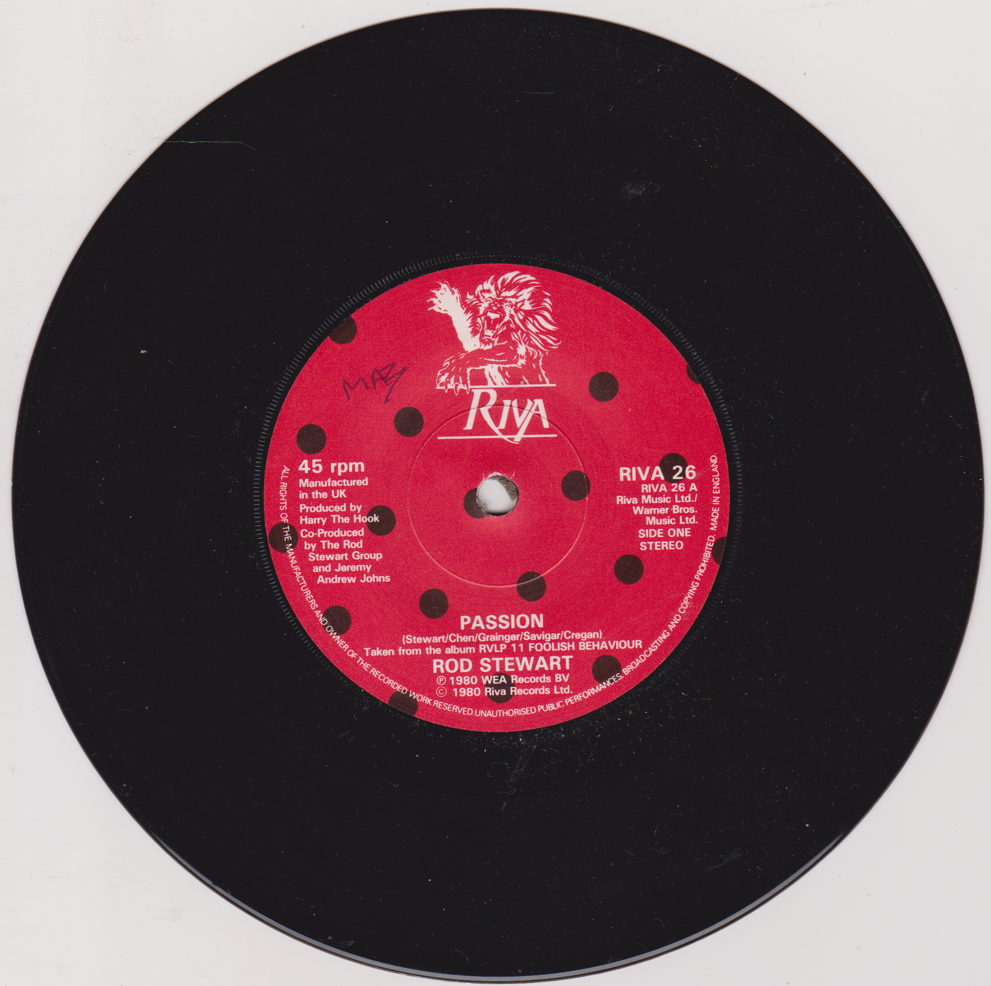 Vinyl record with red label featuring 'Riva' branding and text