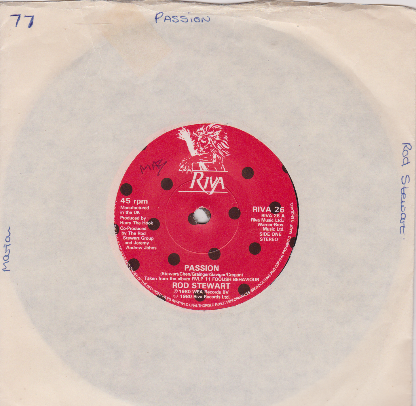 Record label with 'Riva' branding and text on a beige background