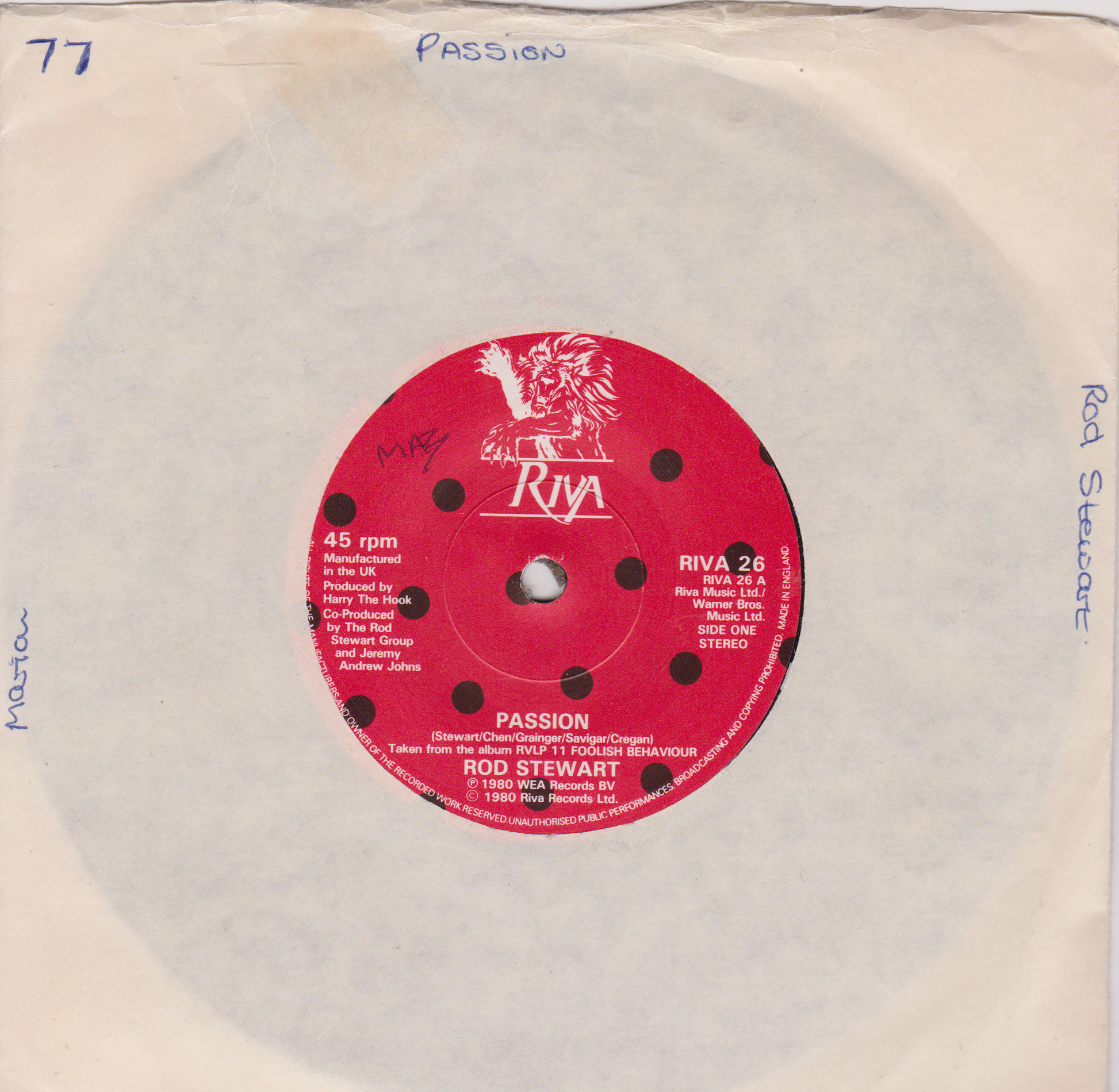 Record label with 'Riva' branding and text on a beige background