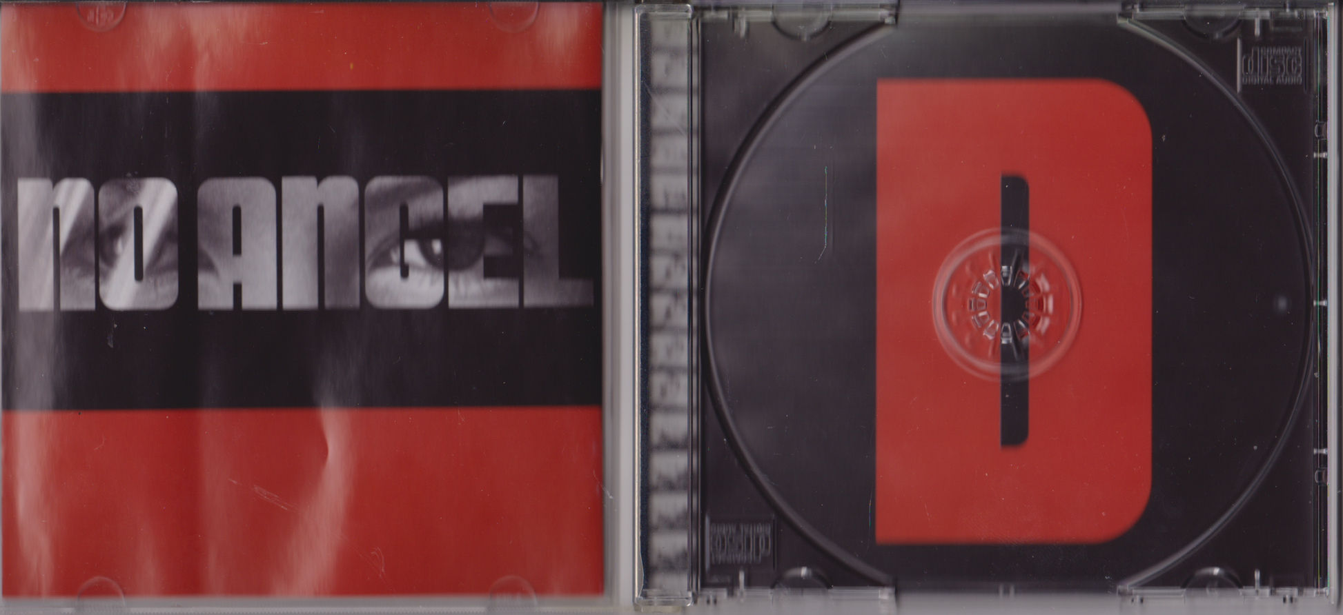 CD case with 'no angel' branding on a red and black background