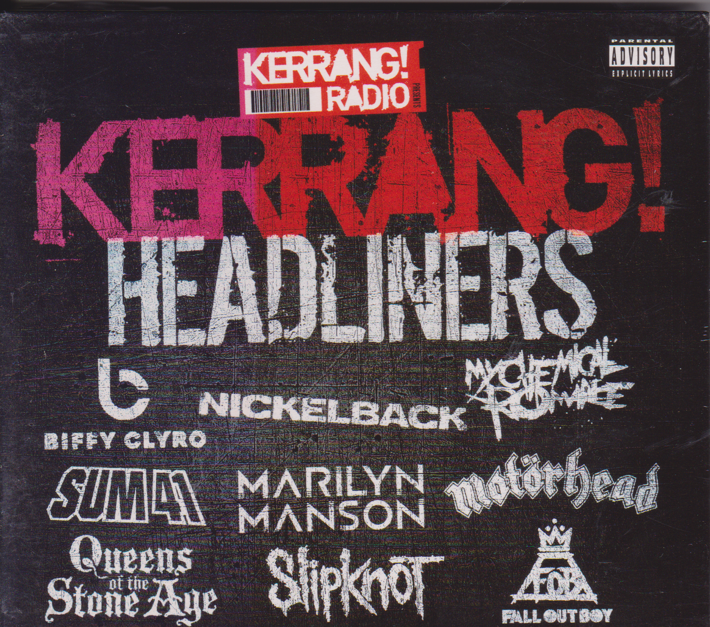 Promotional graphic for Kerrang! Headliners featuring various band names on a black background.