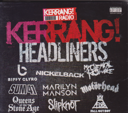 Promotional graphic for Kerrang! Headliners featuring various band names on a black background.