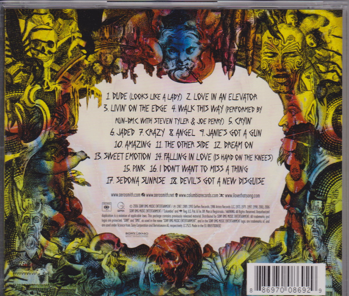 The back cover of a CD jewel case featuring a highly detailed, colourful illustration of a devil's face and a central white text box listing the tracklist.