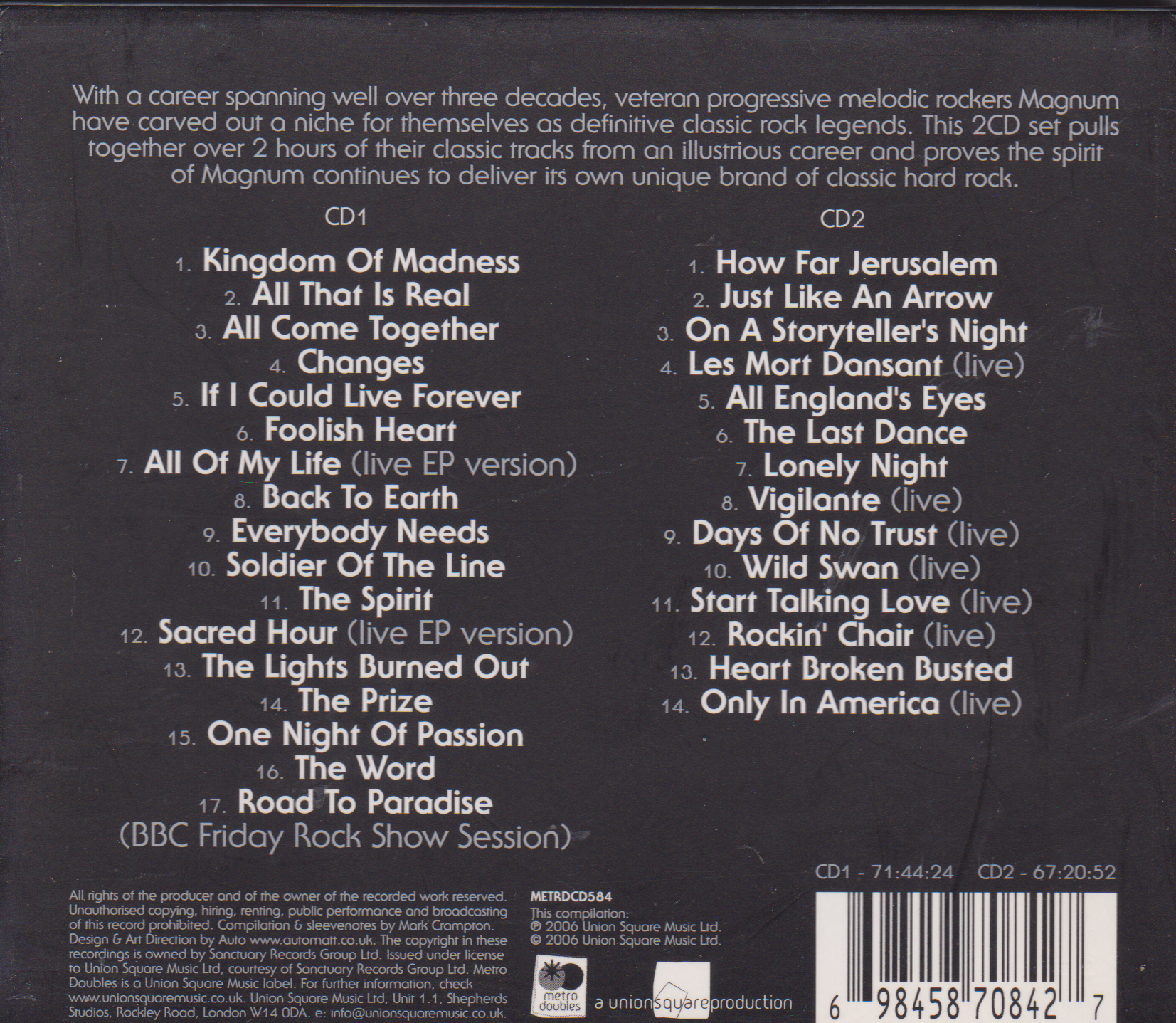 Back cover of a music album with tracklist and branding