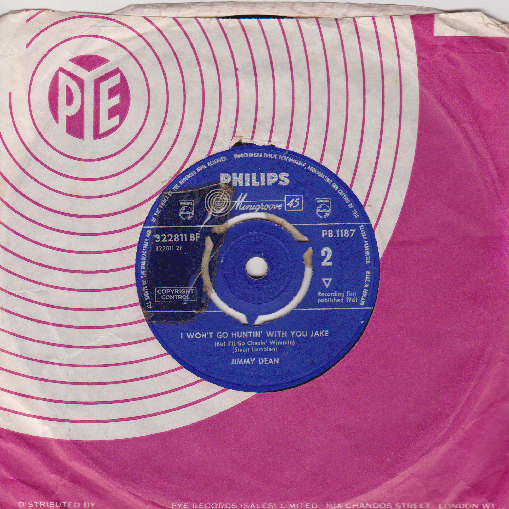 Vinyl record with a blue label on a pink and white sleeve, featuring the PYE logo.