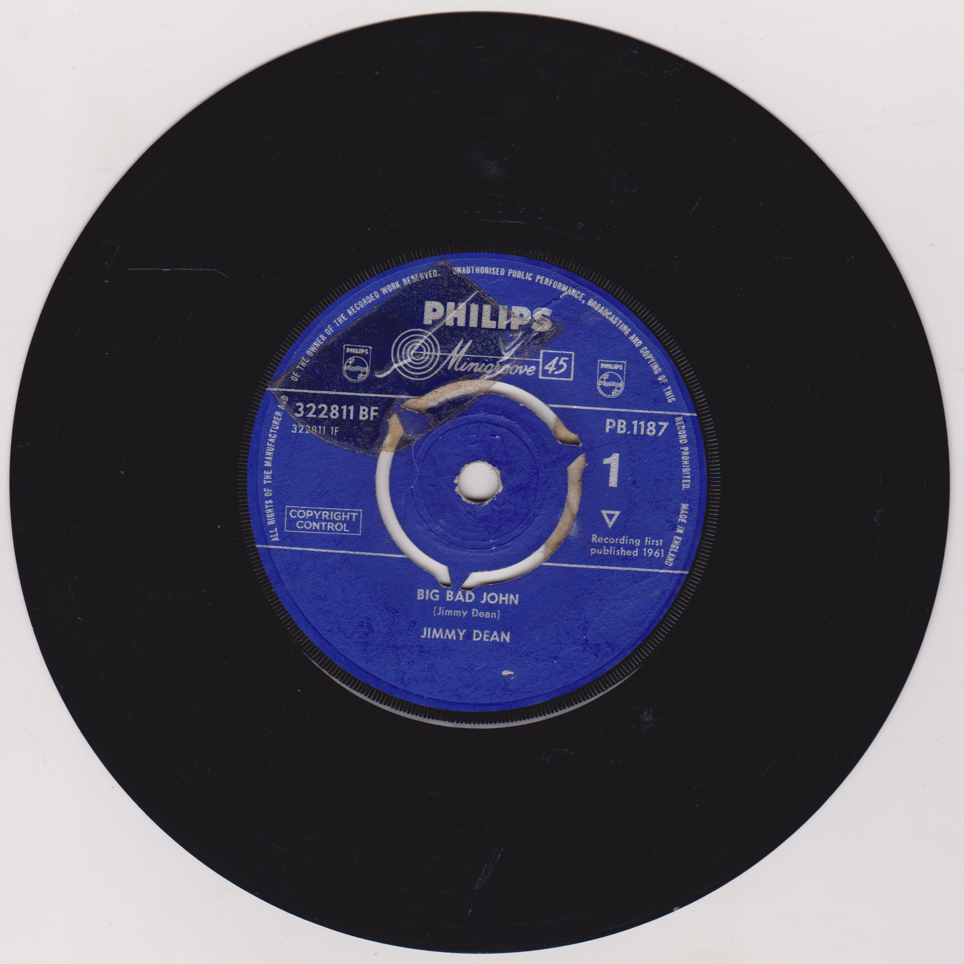 Vinyl record with a blue label featuring 'Philips' and 'Jimmy Dean'.
