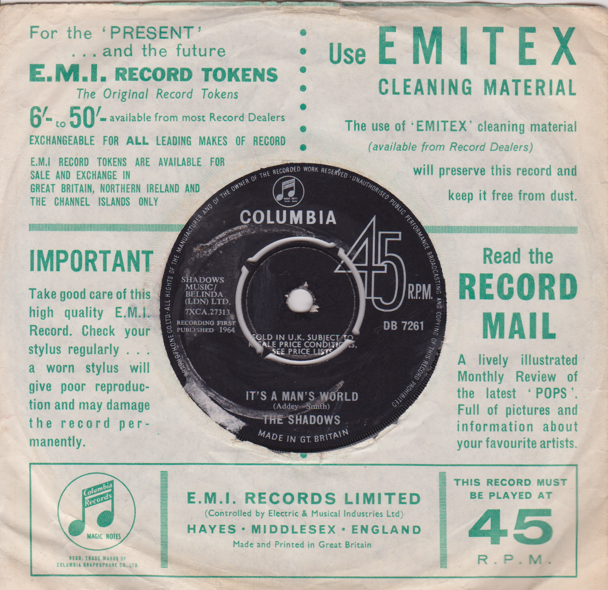 Vintage record label with Columbia 45 RPM record and Emitex cleaning material advertisement.