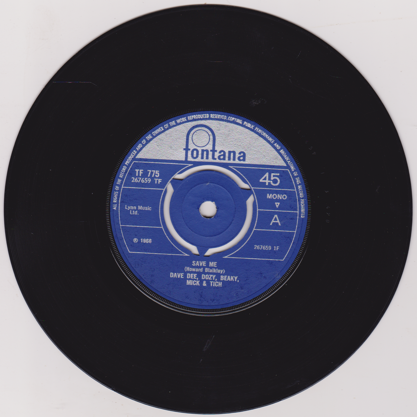 Black vinyl record with a blue label on a white background